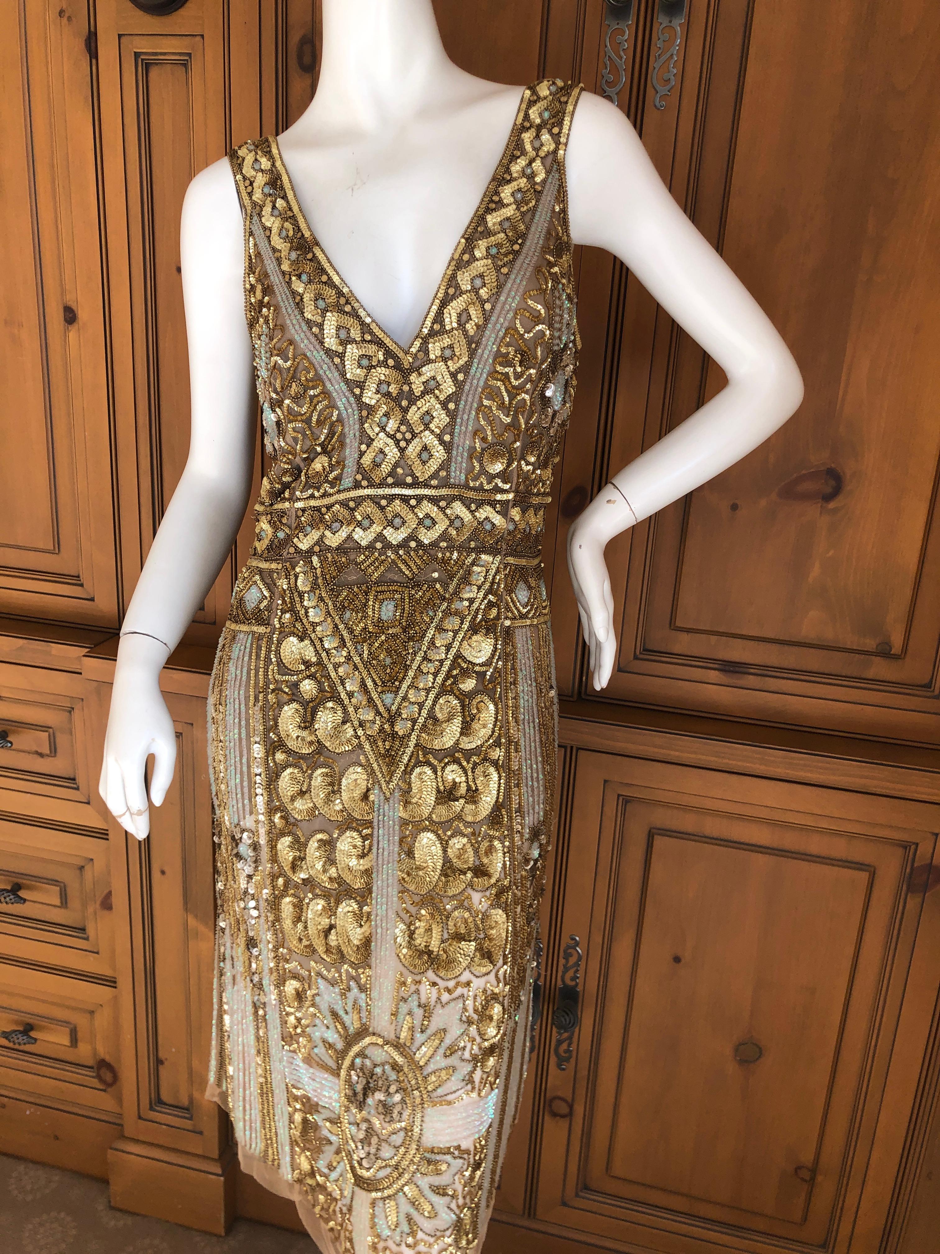 Blumarine Vintage Gold Low Cut Flapper Dress with Art Deco Pattern Sequins  In Excellent Condition For Sale In Cloverdale, CA