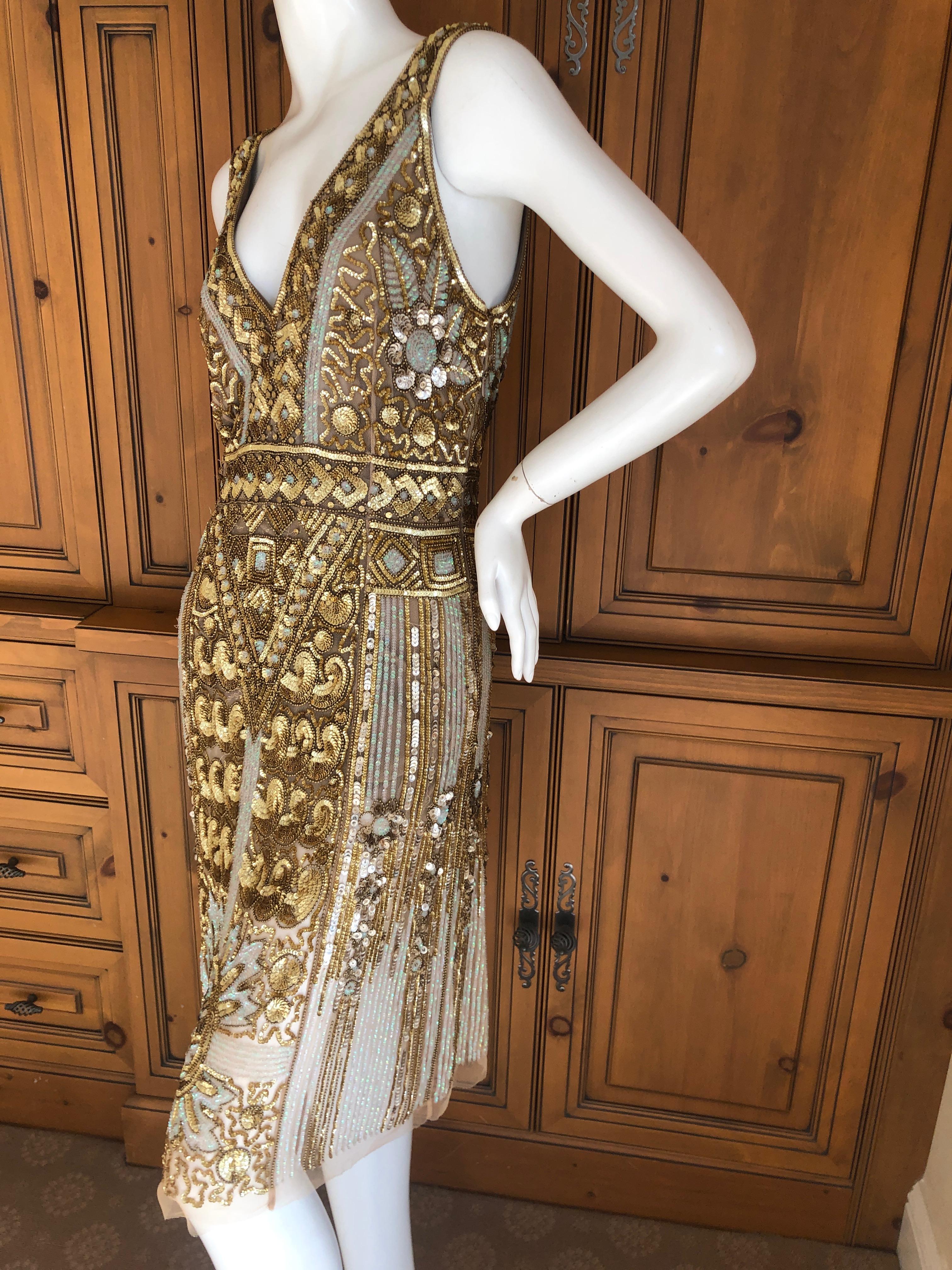 Blumarine Vintage Gold Low Cut Flapper Dress with Art Deco Pattern Sequins  For Sale 1