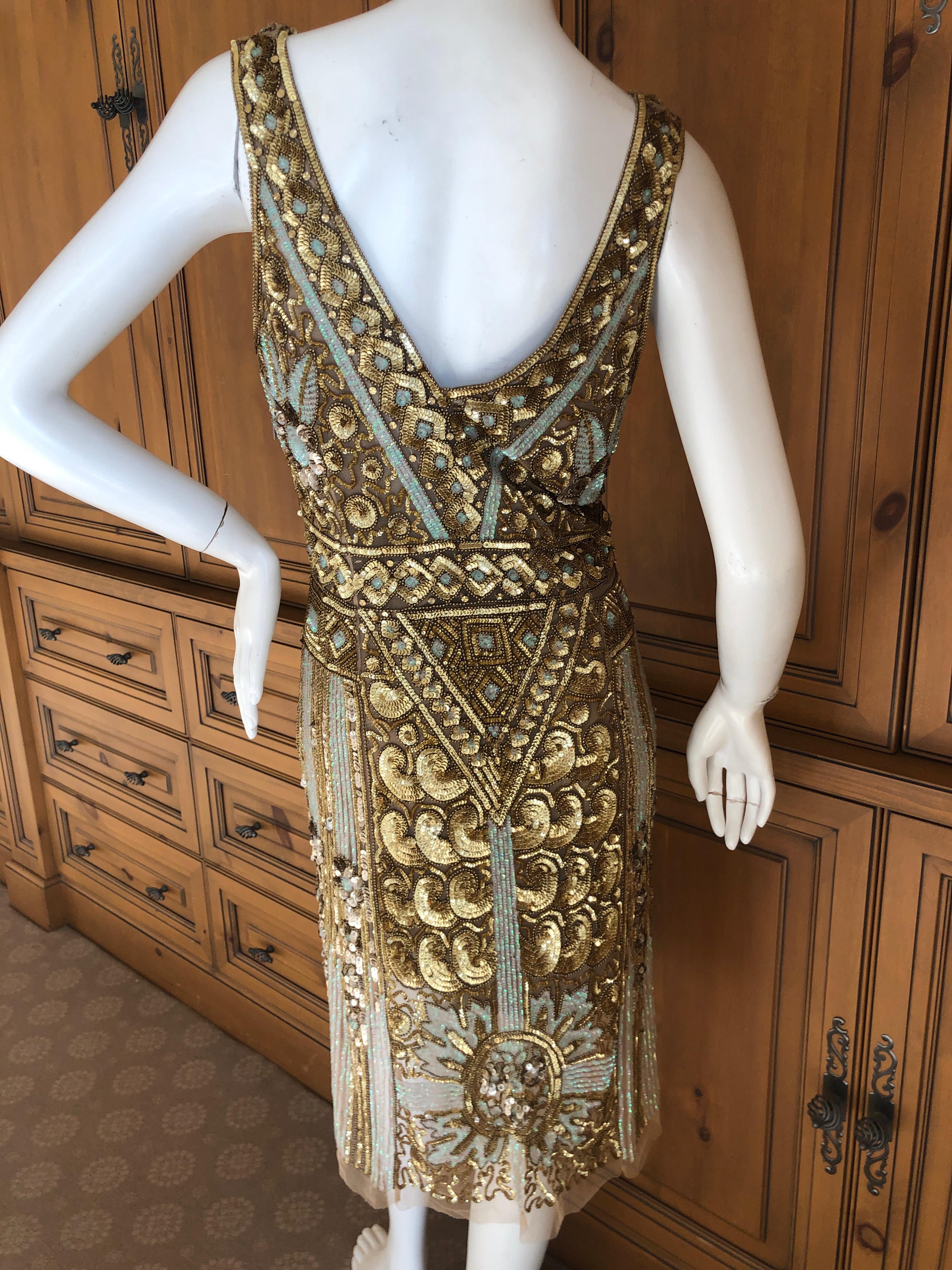 Blumarine Vintage Gold Low Cut Flapper Dress with Art Deco Pattern Sequins  For Sale 2