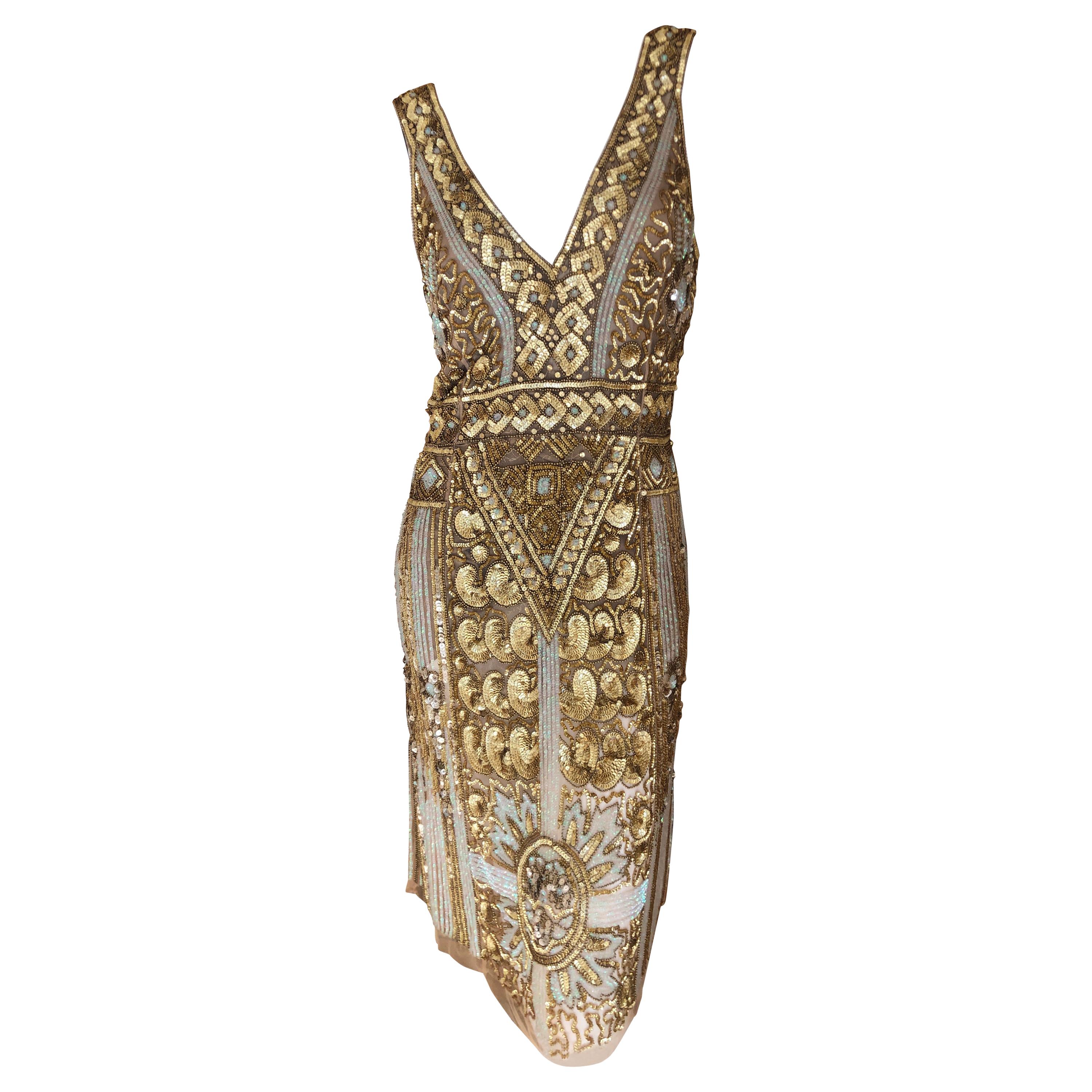 Blumarine Vintage Gold Low Cut Flapper Dress with Art Deco Pattern Sequins  For Sale