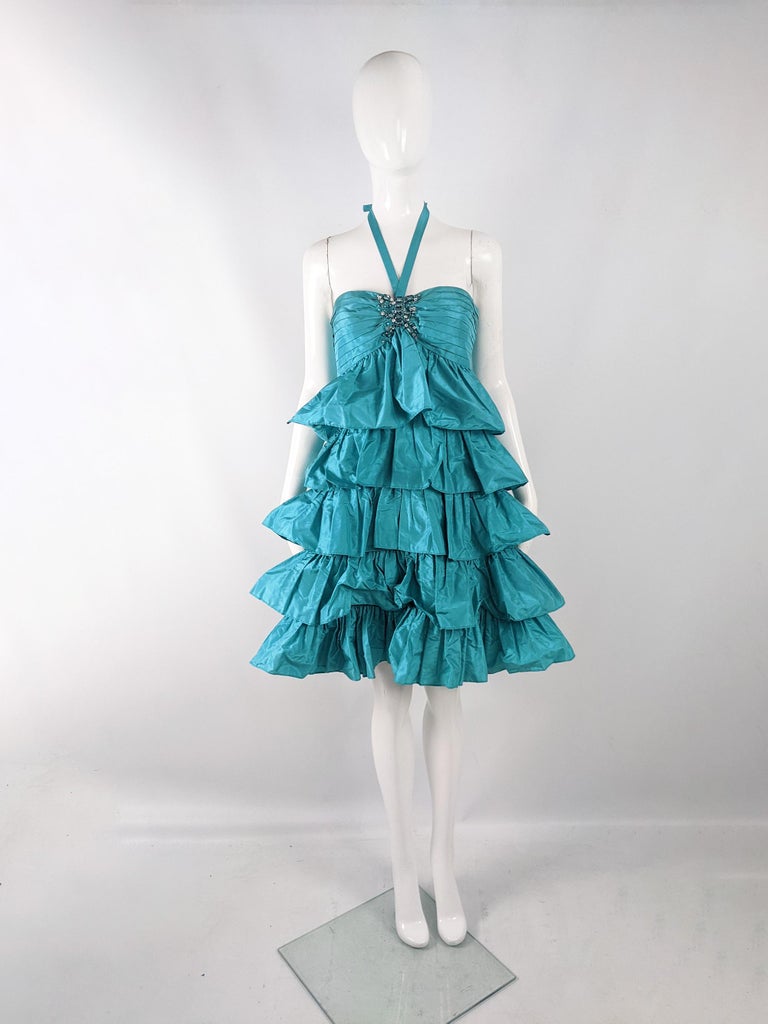 Blumarine Vintage y2k Tiered Silk Taffeta Ruffled Beaded Party Dress