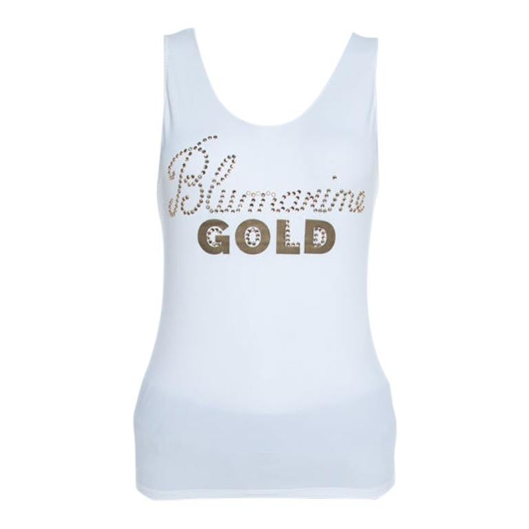 Blumarine White and Gold Embellished Stretch Cotton Sleeveless Top