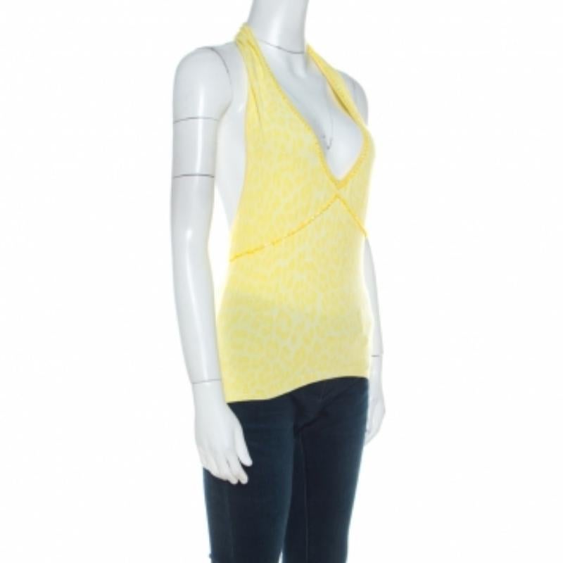 Blumarine Gelbes Tiermuster Jacquard Perlen verschönert Rückenfreies Neckholder Top M im Angebot 2