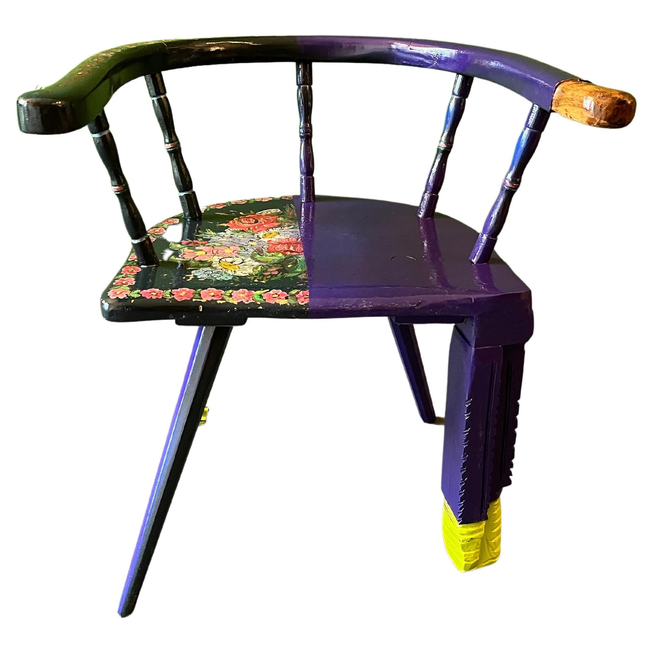 Handpainted farm chair from Bavaria, painted flowers in Oil. Multi-lacquered, sculptural leg added.
Through my work I transform each chair into a unique and individual object. Chairs that once were mass-produced and homogenous, become singular and