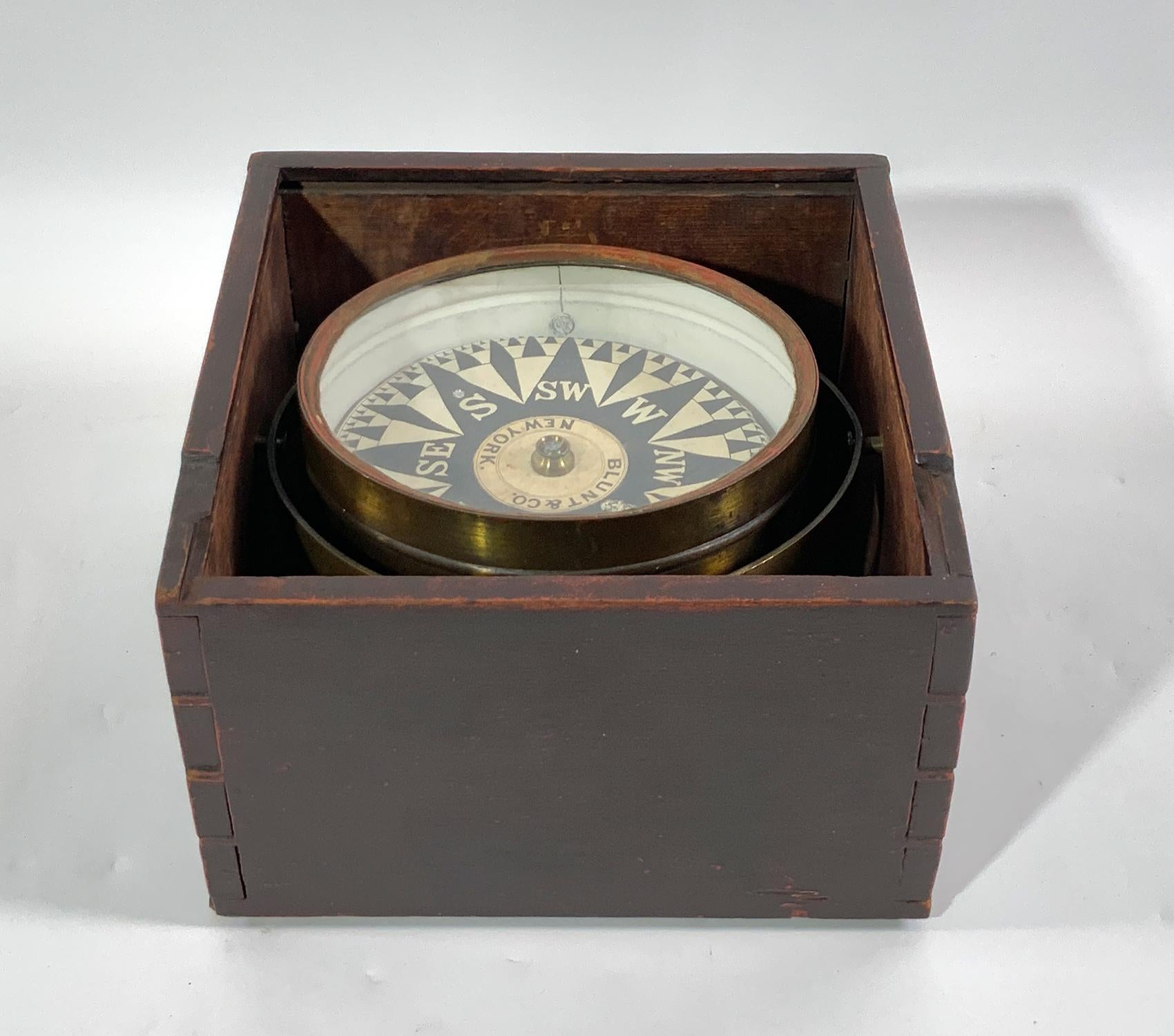 Mid-nineteenth century ships compass by Blunt and Company of New York. The Blunt name was involved in the maritime trade from 1824 to 1885. The name Blunt and Co. was used from 1868 to 1872 by Edmund Blunt Jr. This is a spun brass bowl compass