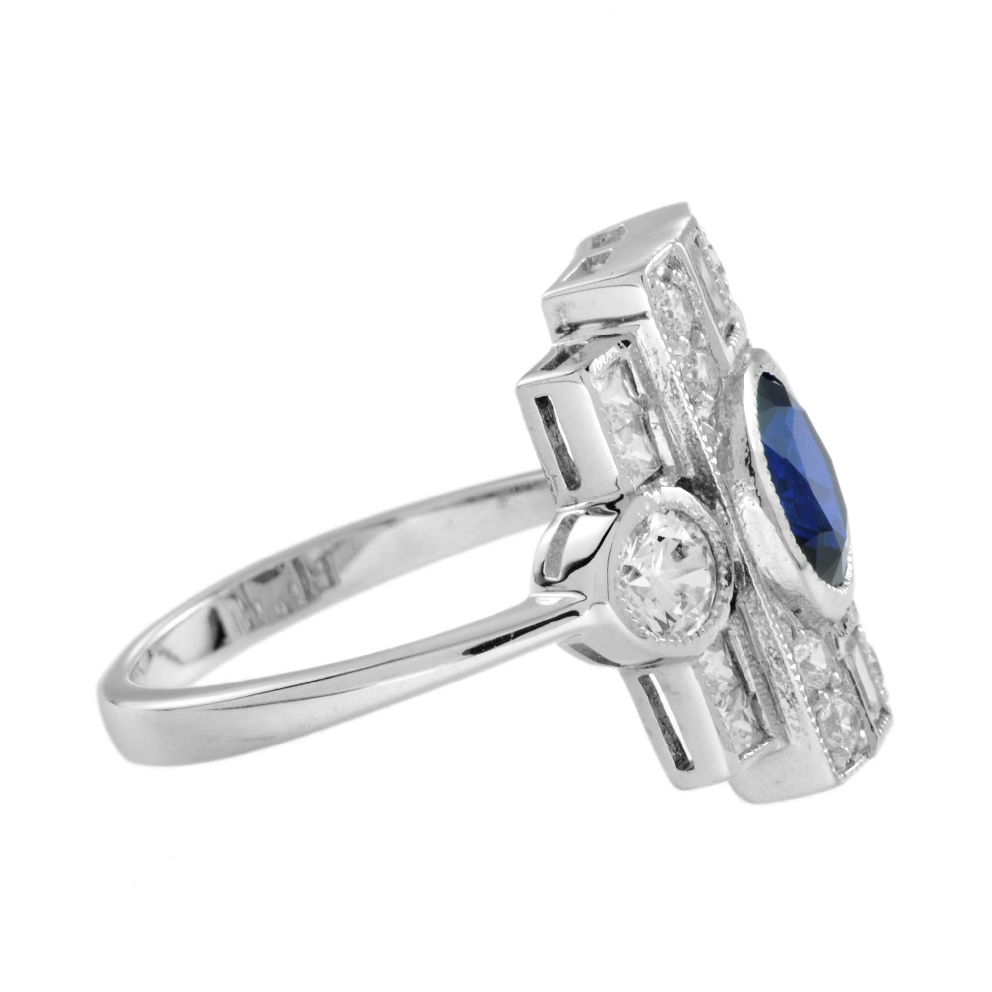 Art Deco Blur Sapphire & Diamond Three Stone 18K White Gold Vintage Inspired Ring For Sale