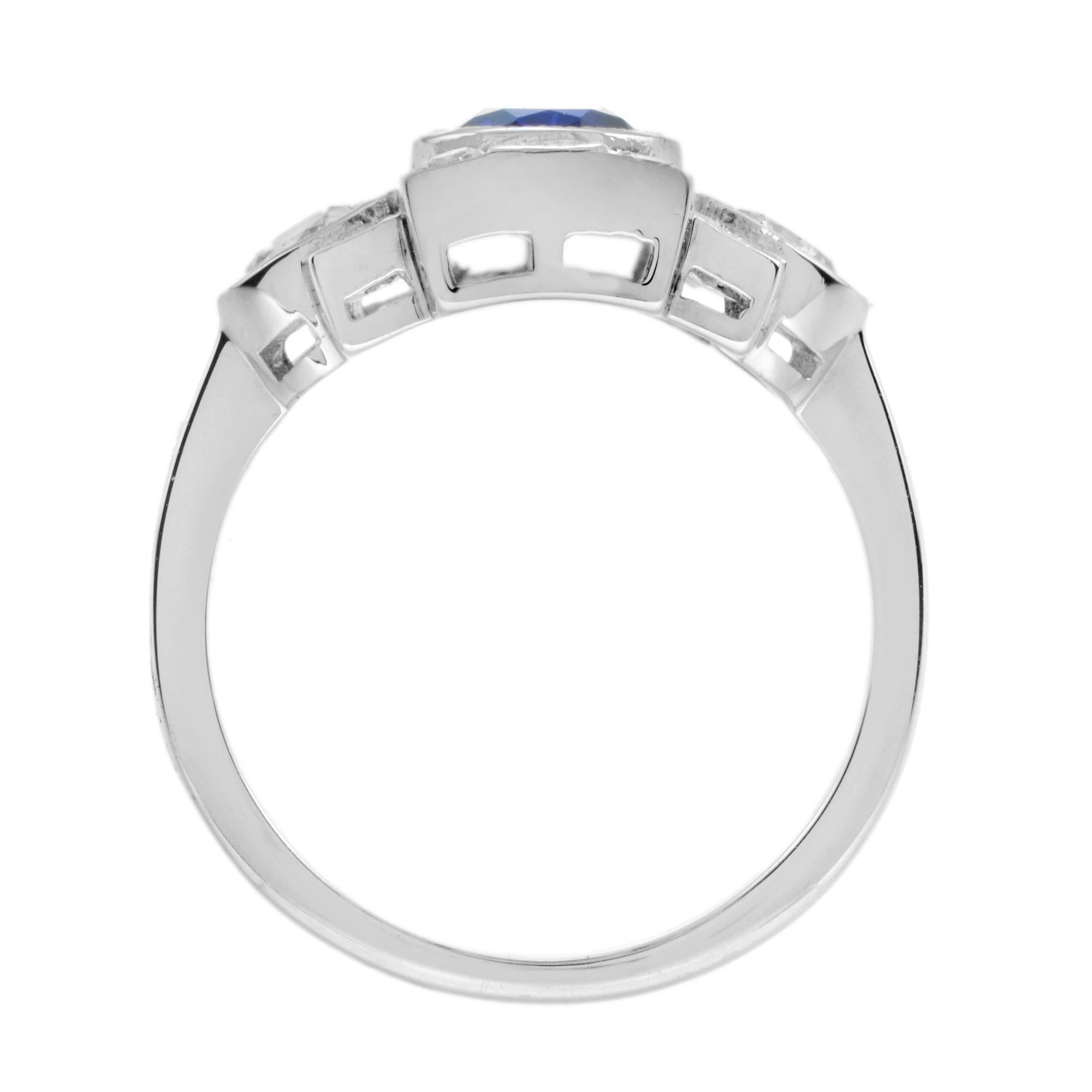 Oval Cut Blur Sapphire & Diamond Three Stone 18K White Gold Vintage Inspired Ring For Sale