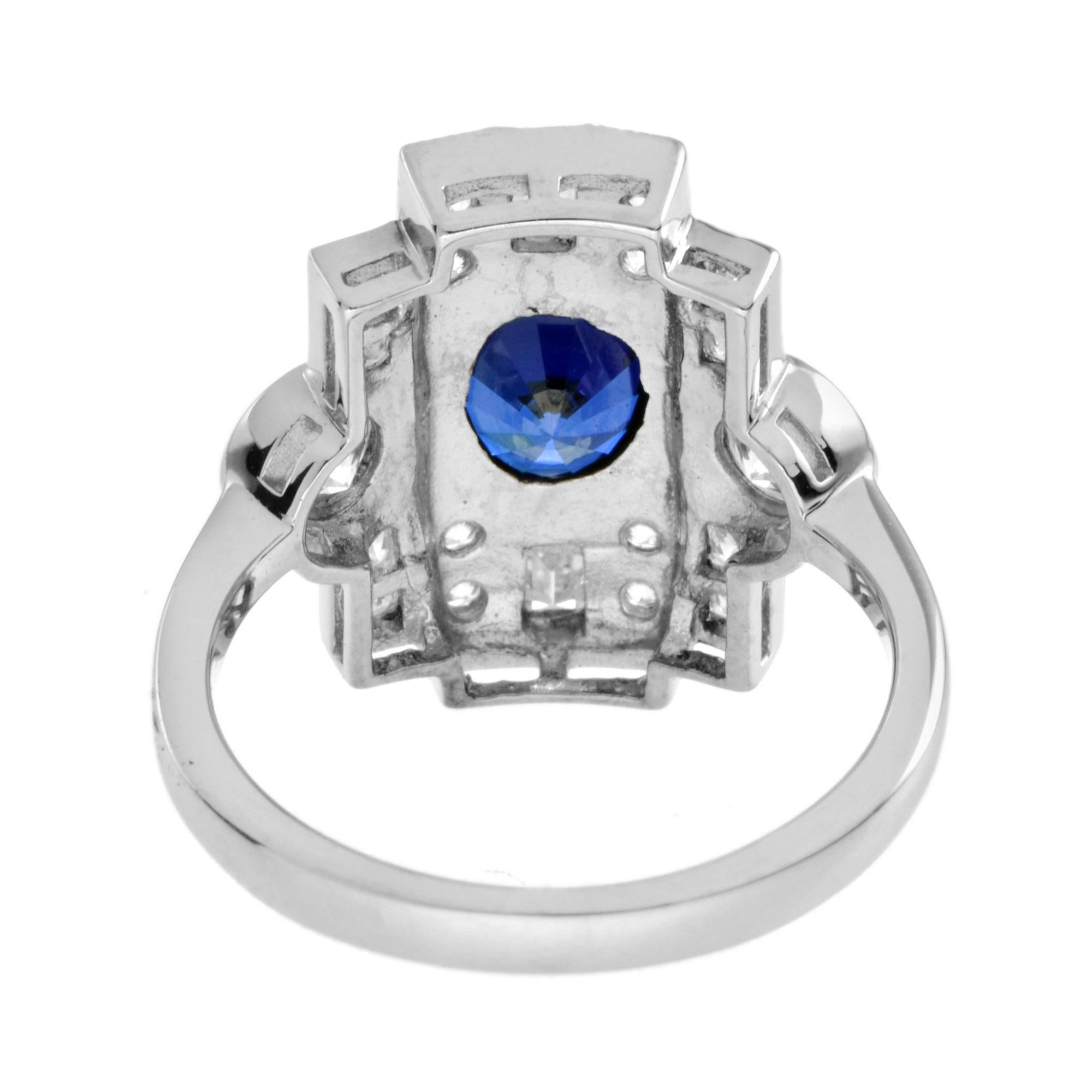 Blur Sapphire & Diamond Three Stone 18K White Gold Vintage Inspired Ring In New Condition For Sale In Oakton, VA