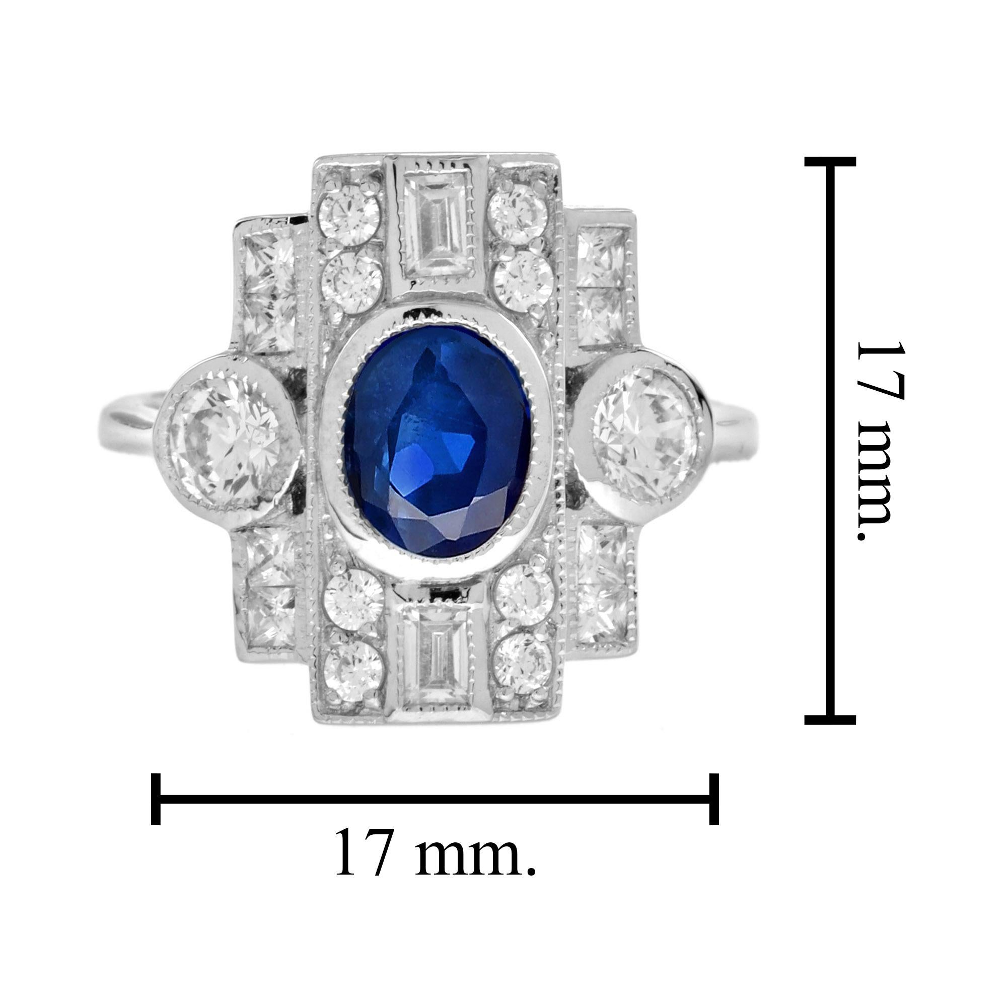 Blur Sapphire & Diamond Three Stone 18K White Gold Vintage Inspired Ring For Sale 1