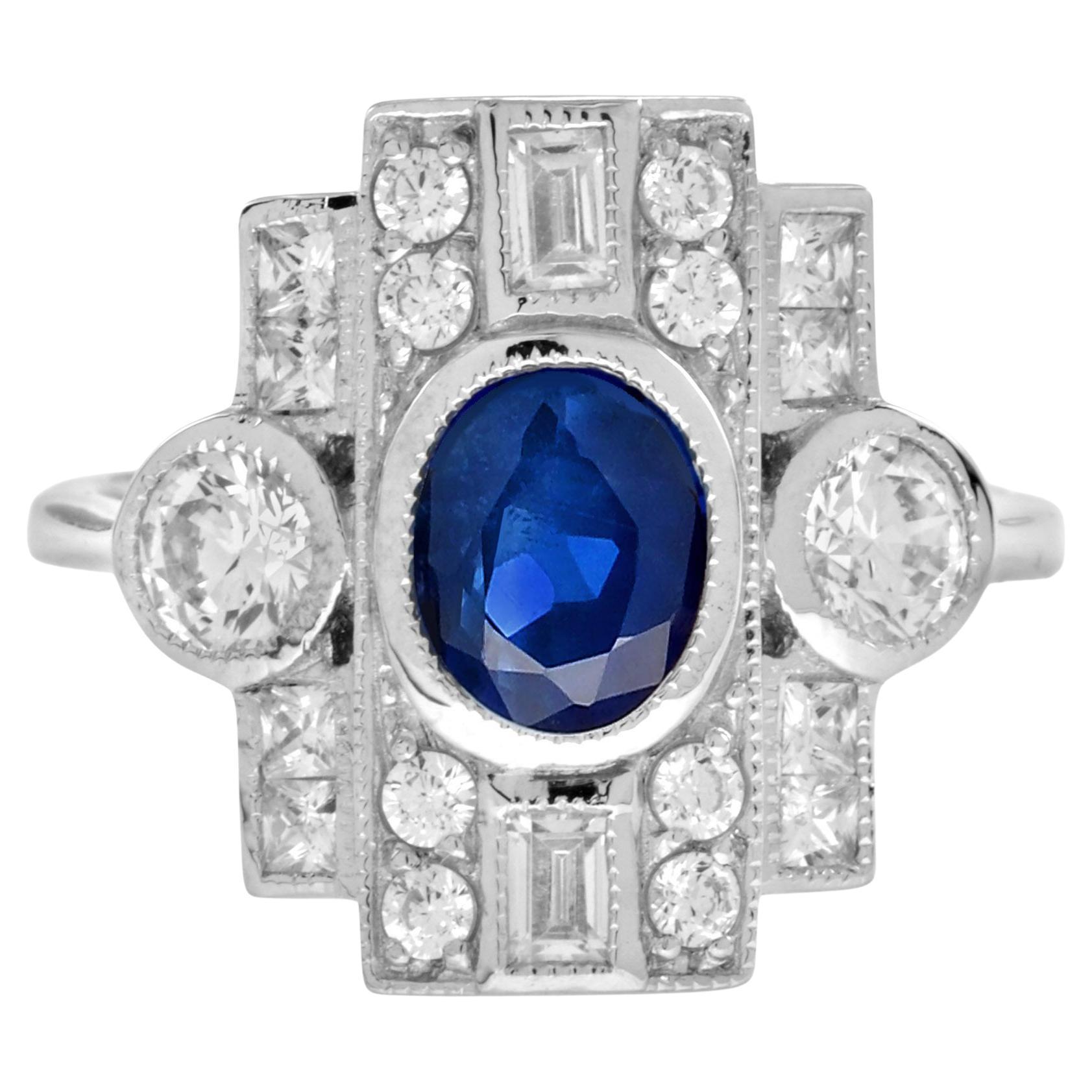 Blur Sapphire & Diamond Three Stone 18K White Gold Vintage Inspired Ring For Sale