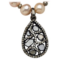 Blush Akoya Pearl Necklace with Teardrop Diamond Sterling Silver Pendant
