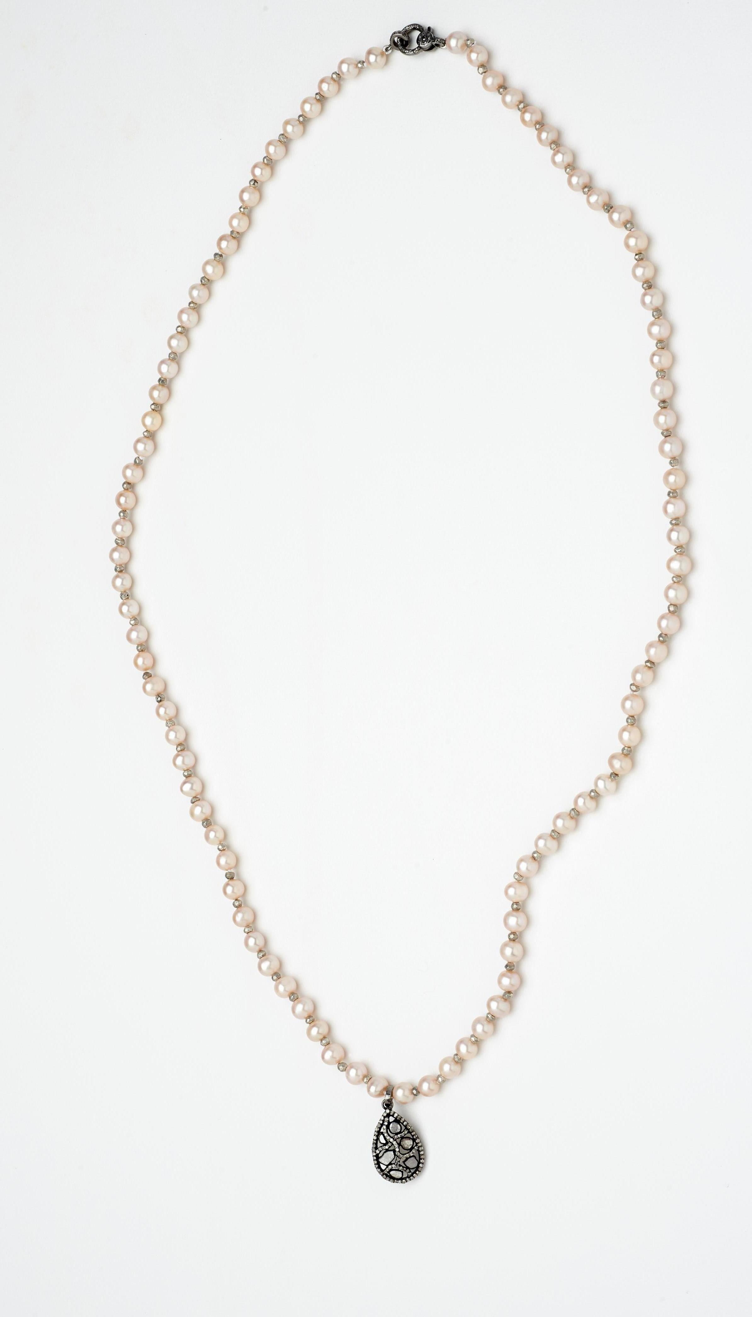 Artisan Blush Akoya Pearl Necklace with Teardrop Diamond Sterling Silver Pendant For Sale