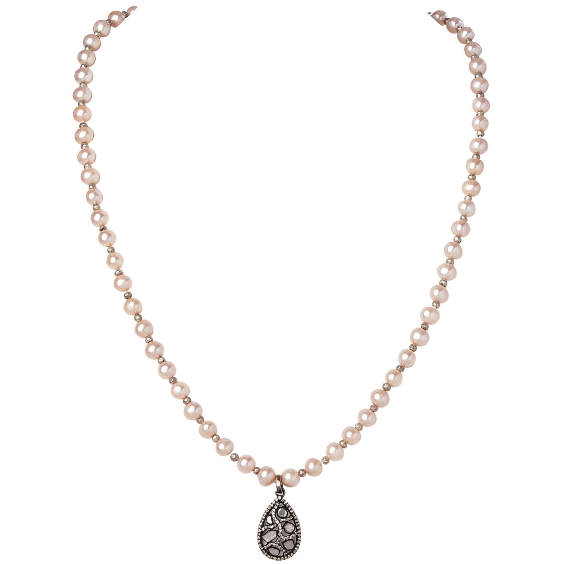 Blush Akoya Pearl Necklace with Teardrop Diamond Sterling Silver Pendant For Sale