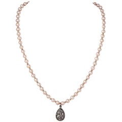 Blush Akoya Pearl Necklace with Teardrop Diamond Sterling Silver Pendant