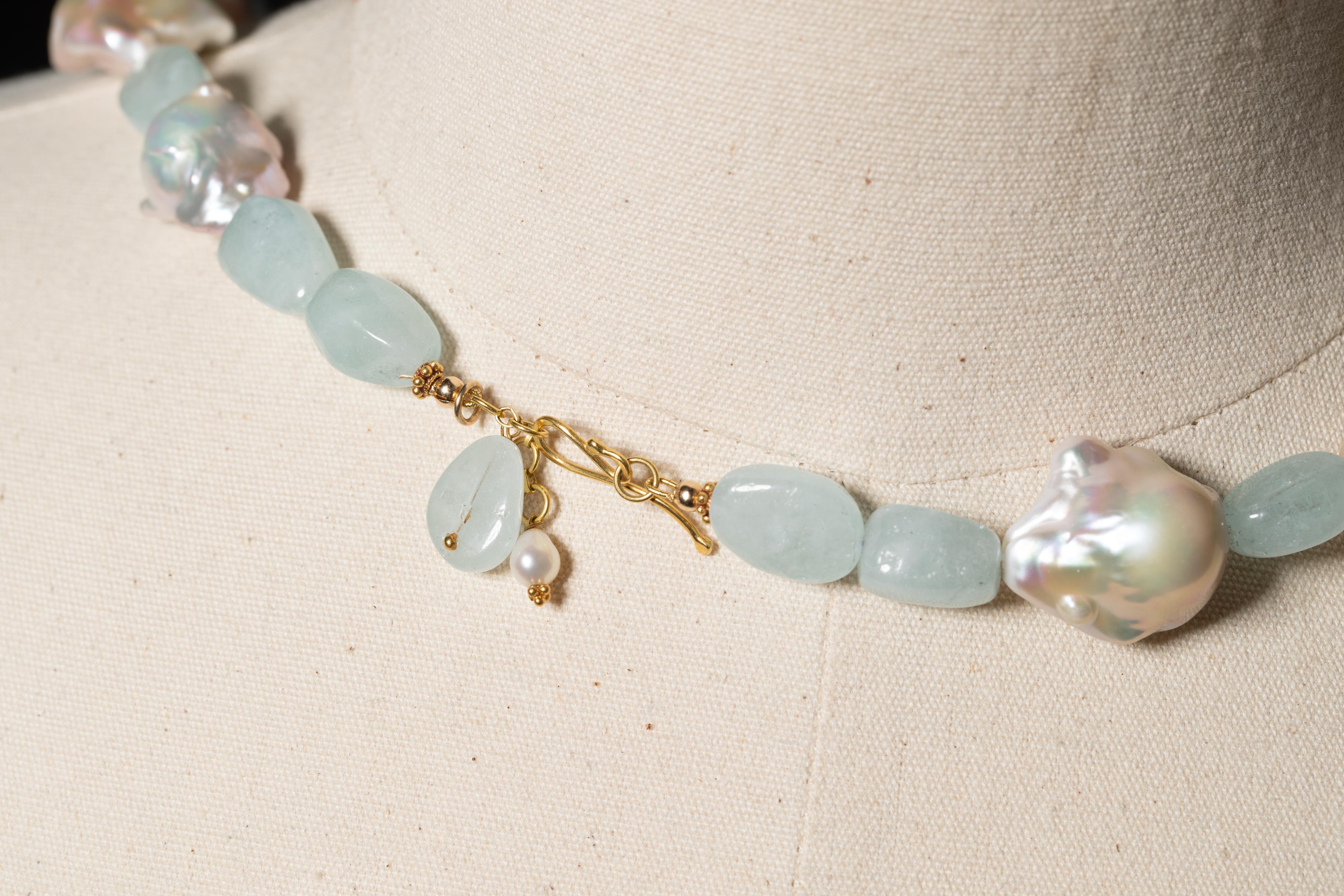 Tumbled Blush Baroque Pearl and Aquamarine Necklace by Deborah Lockhart Phillips For Sale