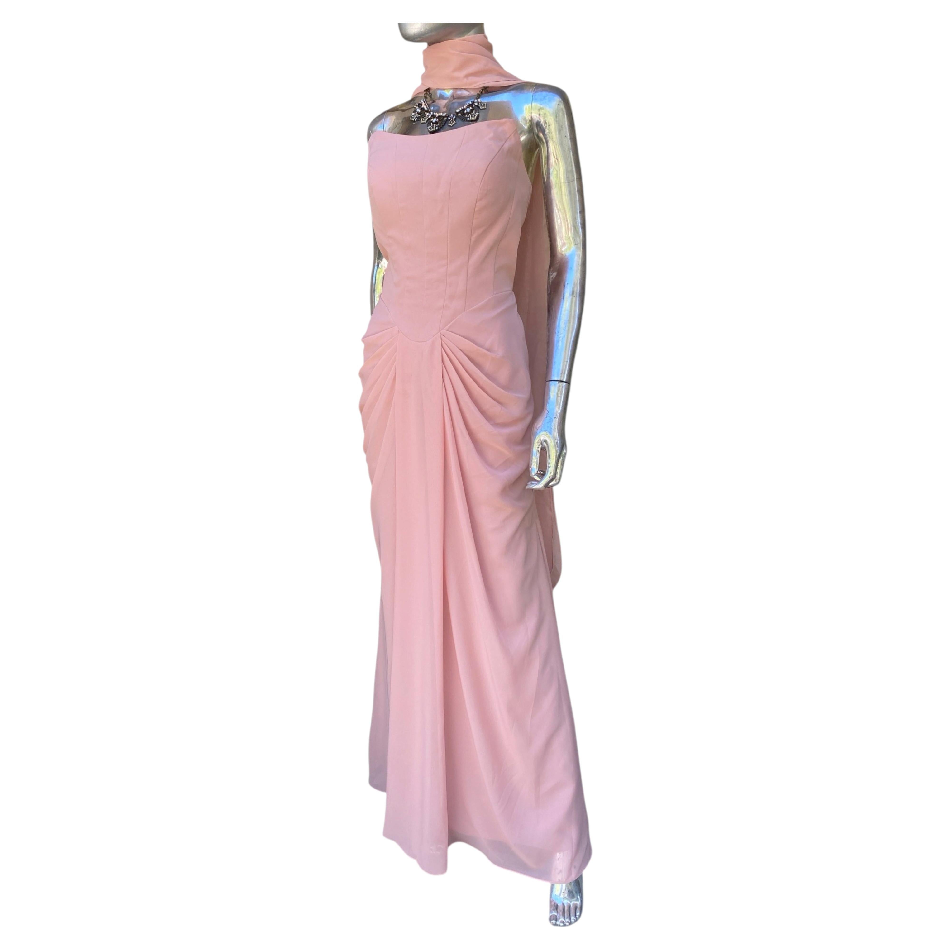 Blush Bustier Draped Gown W/Lace Up Back and Scarf Size 8