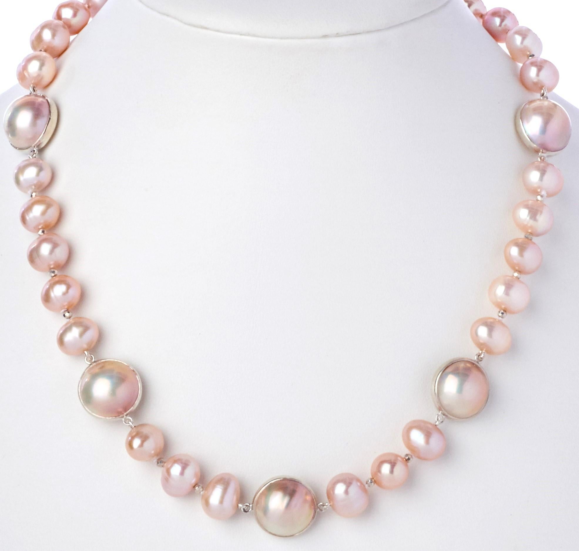 Blush Button and Mabe Pearl Necklace with Sterling Link Clasp In New Condition For Sale In Mount Kisco, NY