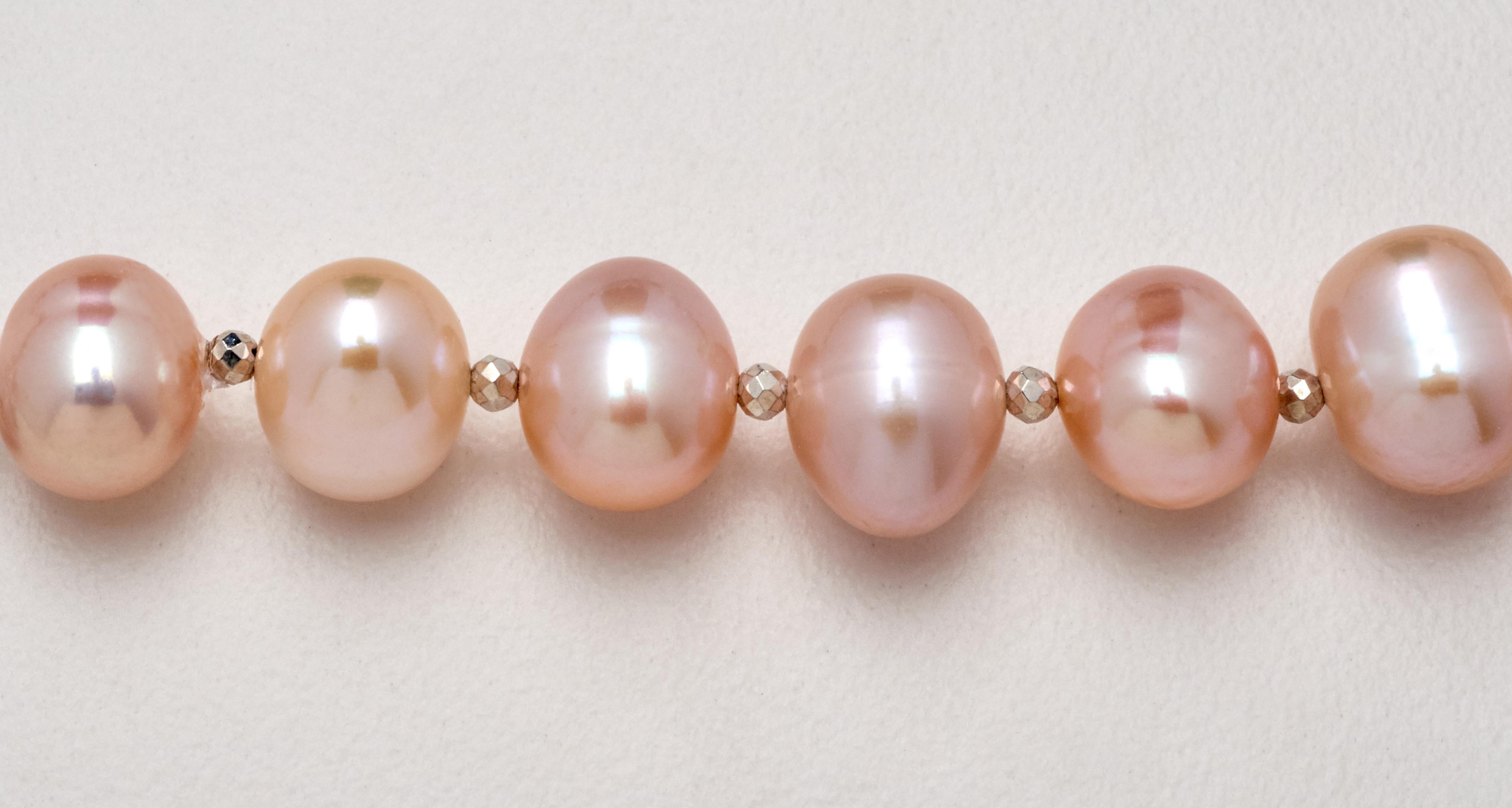 Round Cut Blush Button and Mabe Pearl Necklace with Sterling Link Clasp For Sale