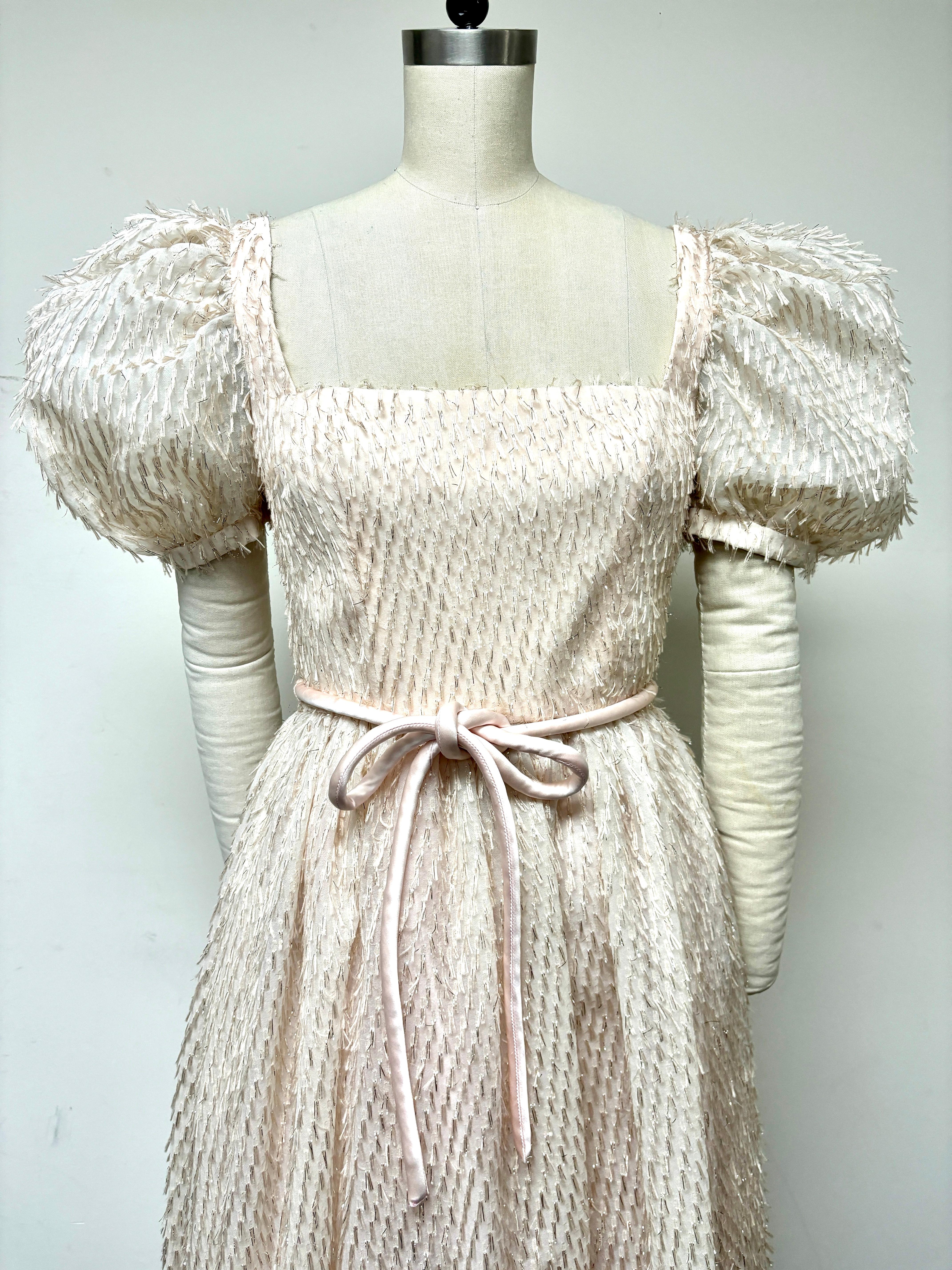 Blush Eyelash Brocade Puff Sleeve Gown with Gathered Skirt and Satin Corded Belt For Sale 5
