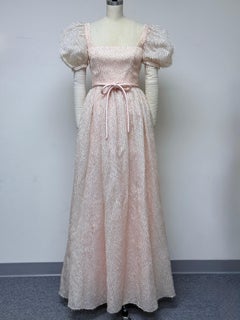 Blush Eyelash Brocade Puff Sleeve Gown with Gathered Skirt and Satin Corded Belt