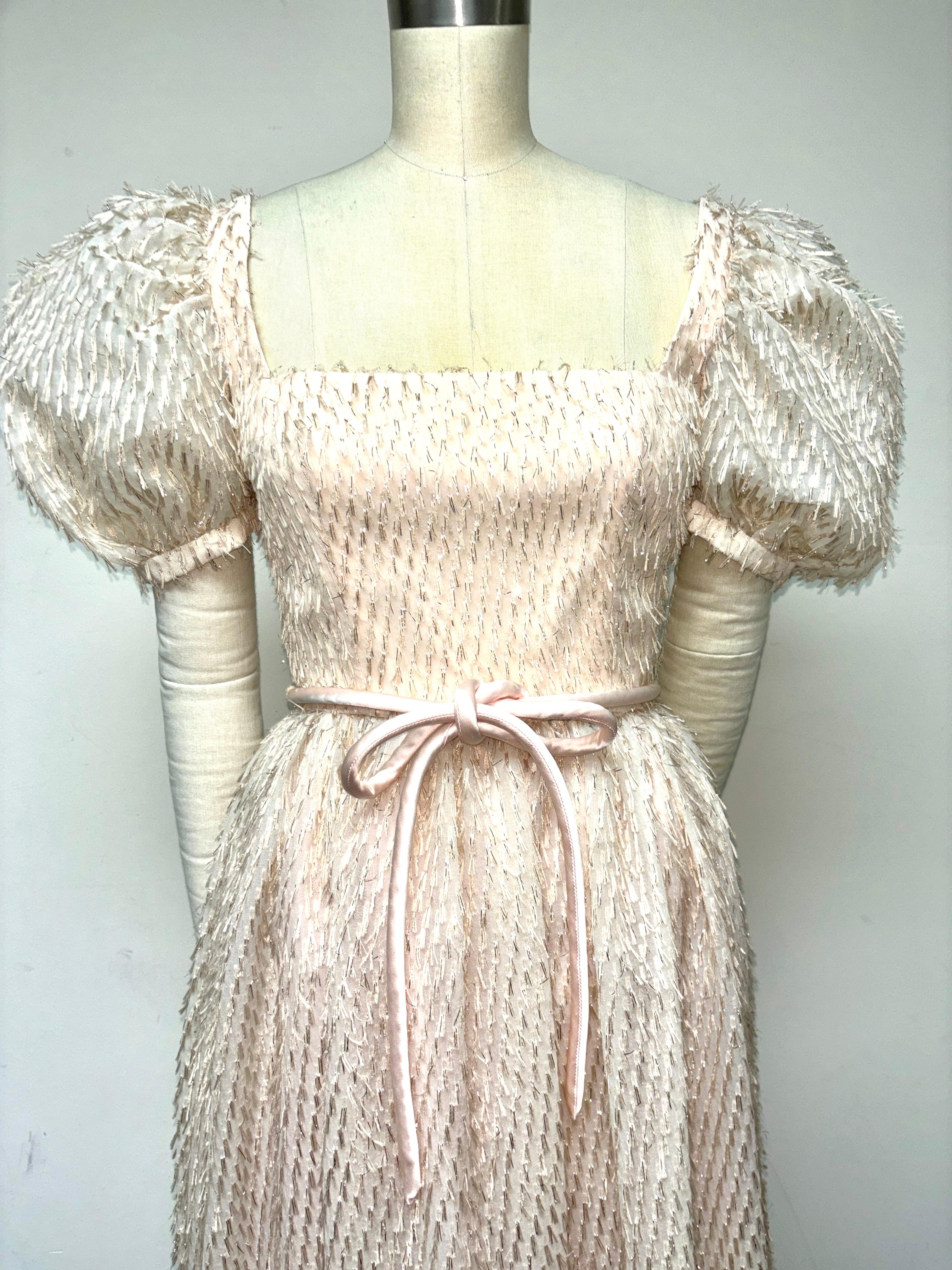 Gray Blush Eyelash Brocade Puff Sleeve Gown with Gathered Skirt and Satin Corded Belt For Sale