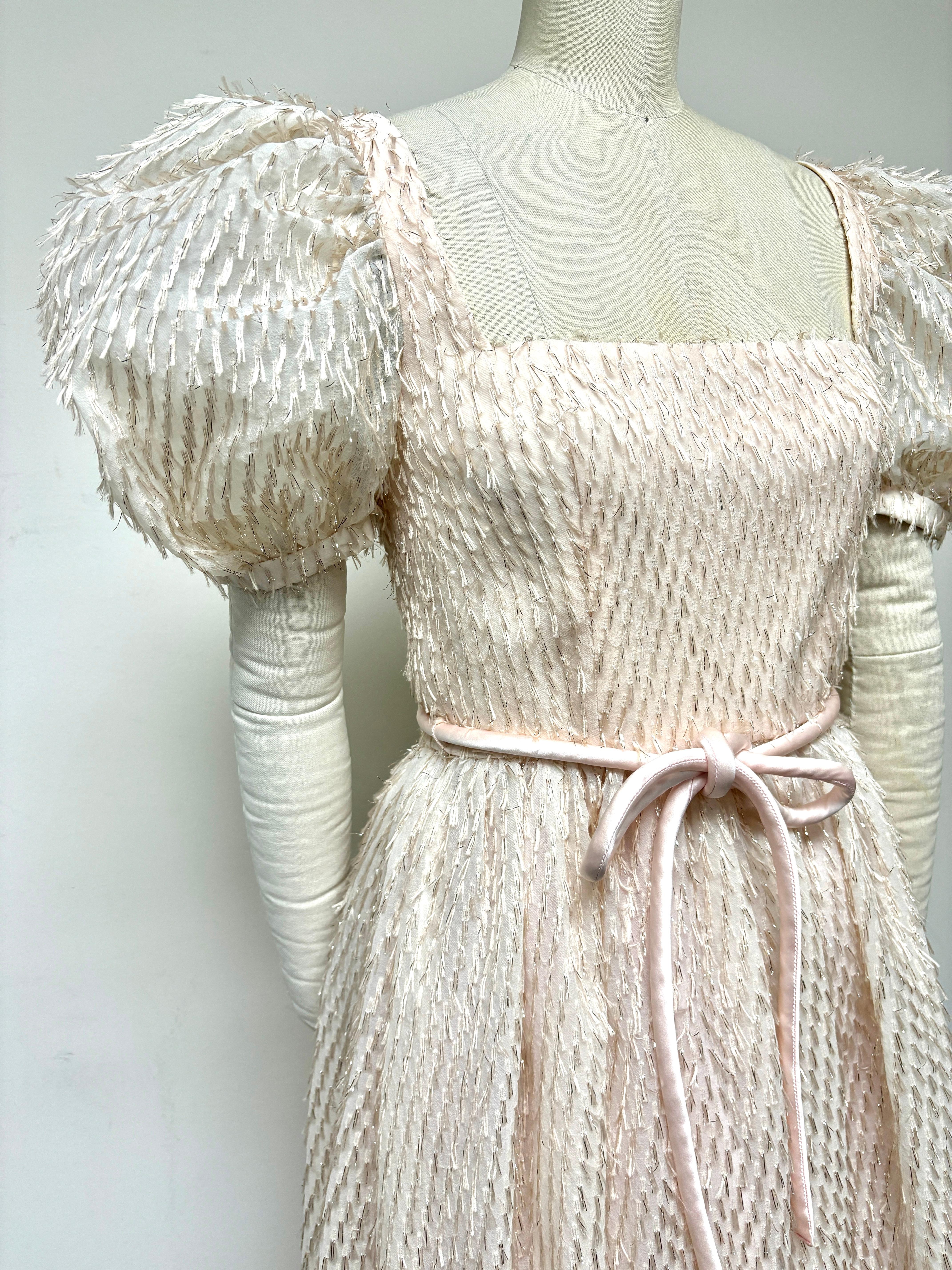 Blush Eyelash Brocade Puff Sleeve Gown with Gathered Skirt and Satin Corded Belt In Excellent Condition For Sale In Los Angeles, CA