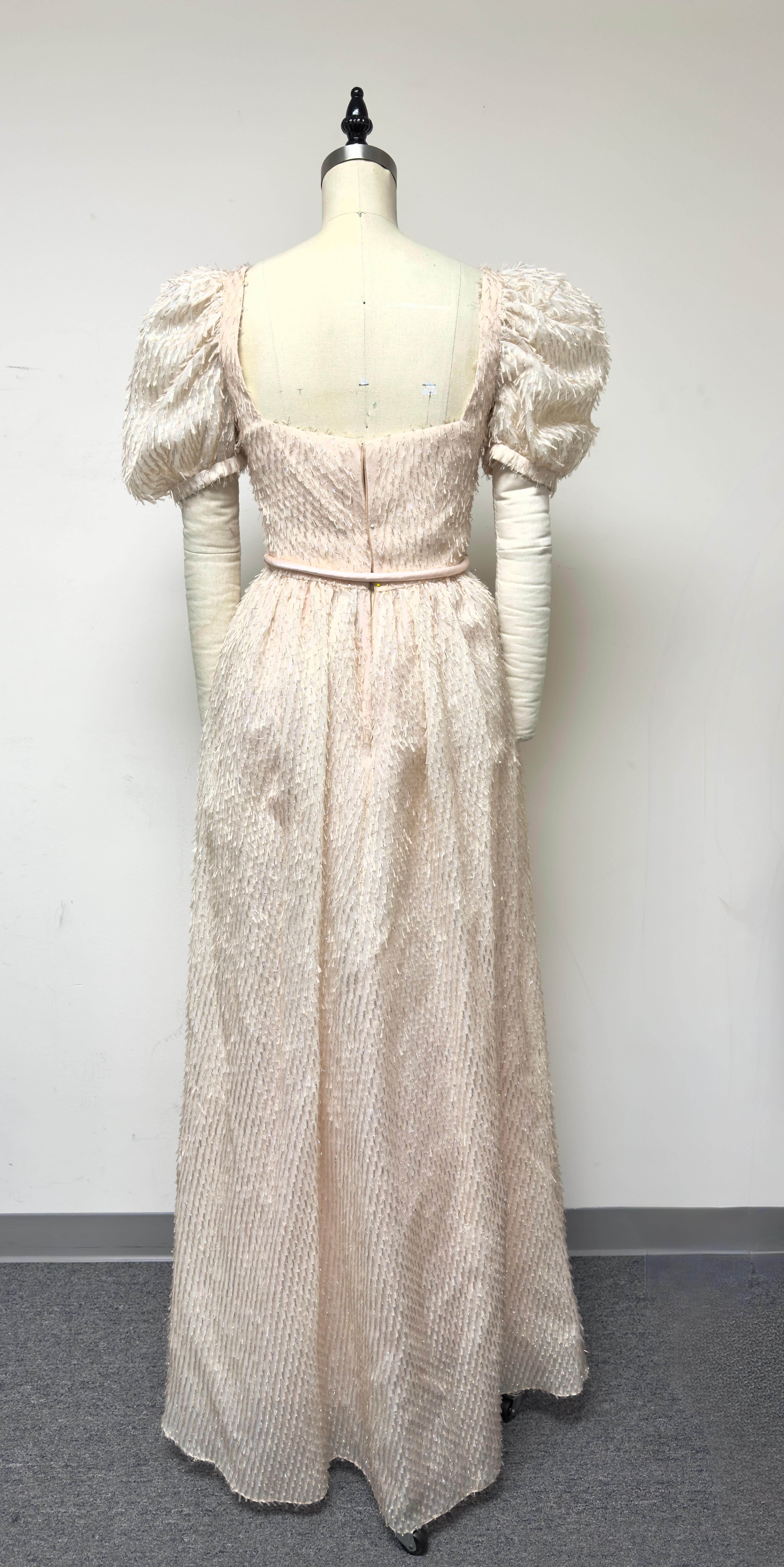 Blush Eyelash Brocade Puff Sleeve Gown with Gathered Skirt and Satin Corded Belt For Sale 1