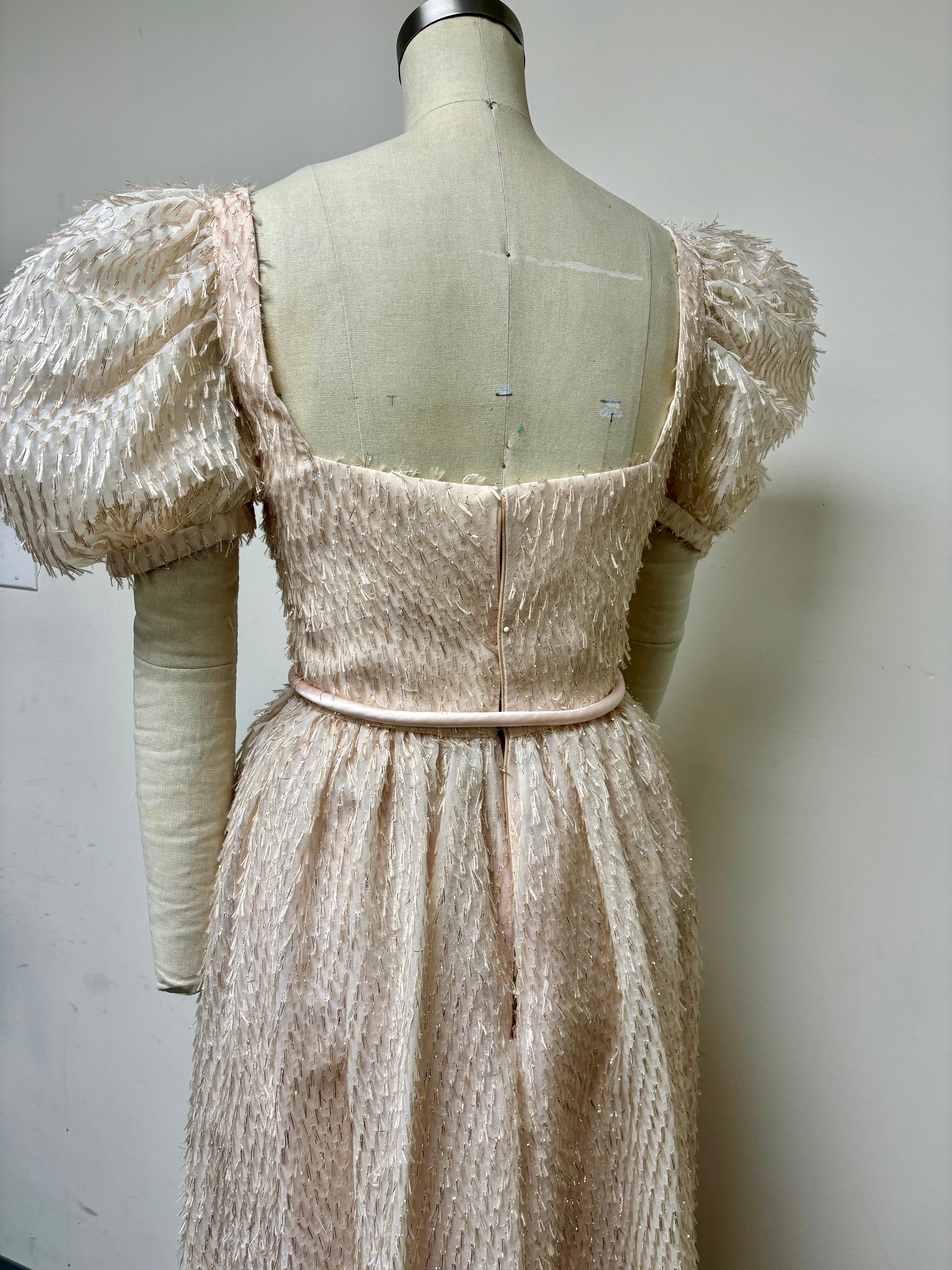 Blush Eyelash Brocade Puff Sleeve Gown with Gathered Skirt and Satin Corded Belt For Sale 3