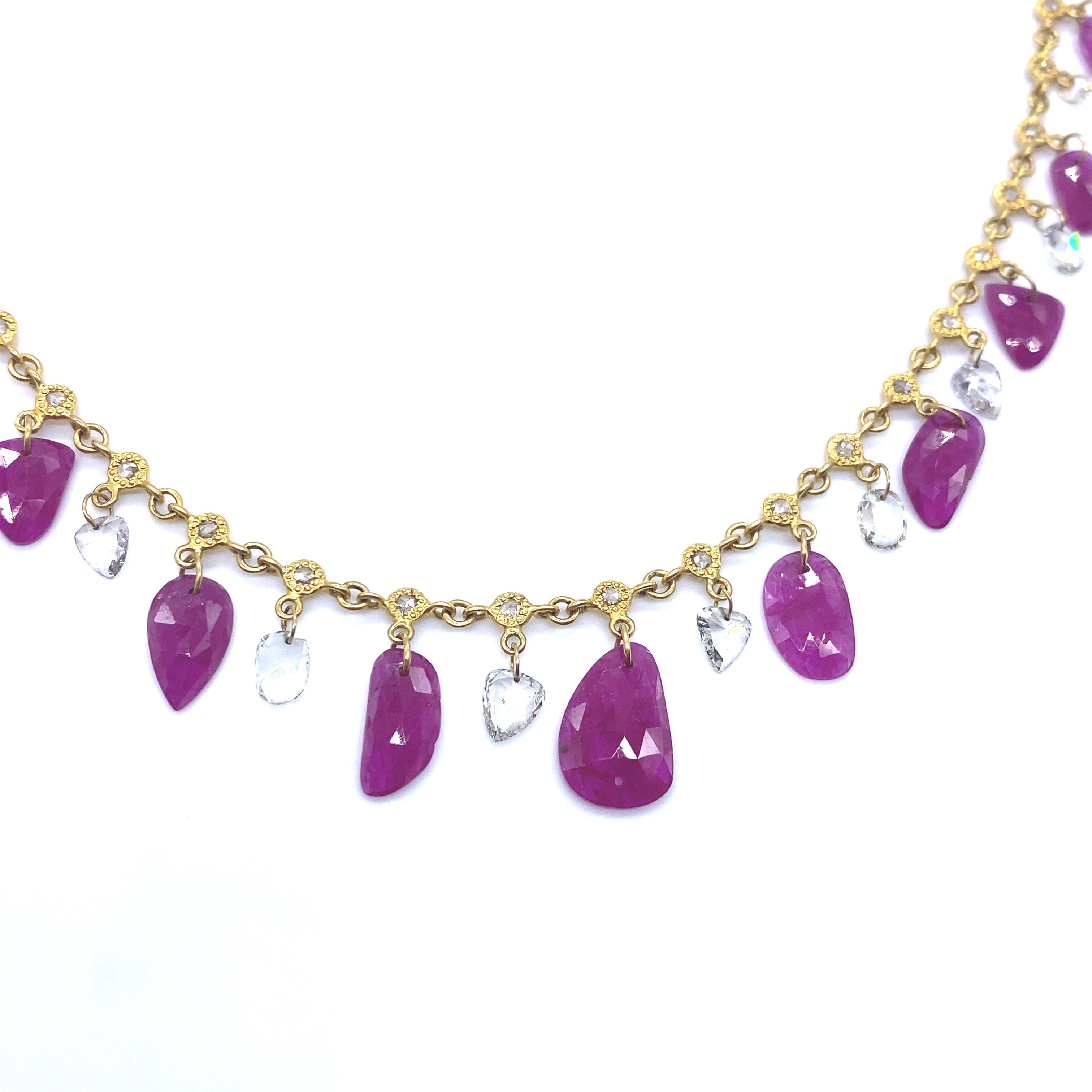 Affinity Necklace Set in 20 Karat Yellow Gold with 9.30 Carat Rubies and 3.35 Carat White Diamonds. This Beautiful Dangly Necklace Is Set with Drilled Rubies and Drilled Diamonds.