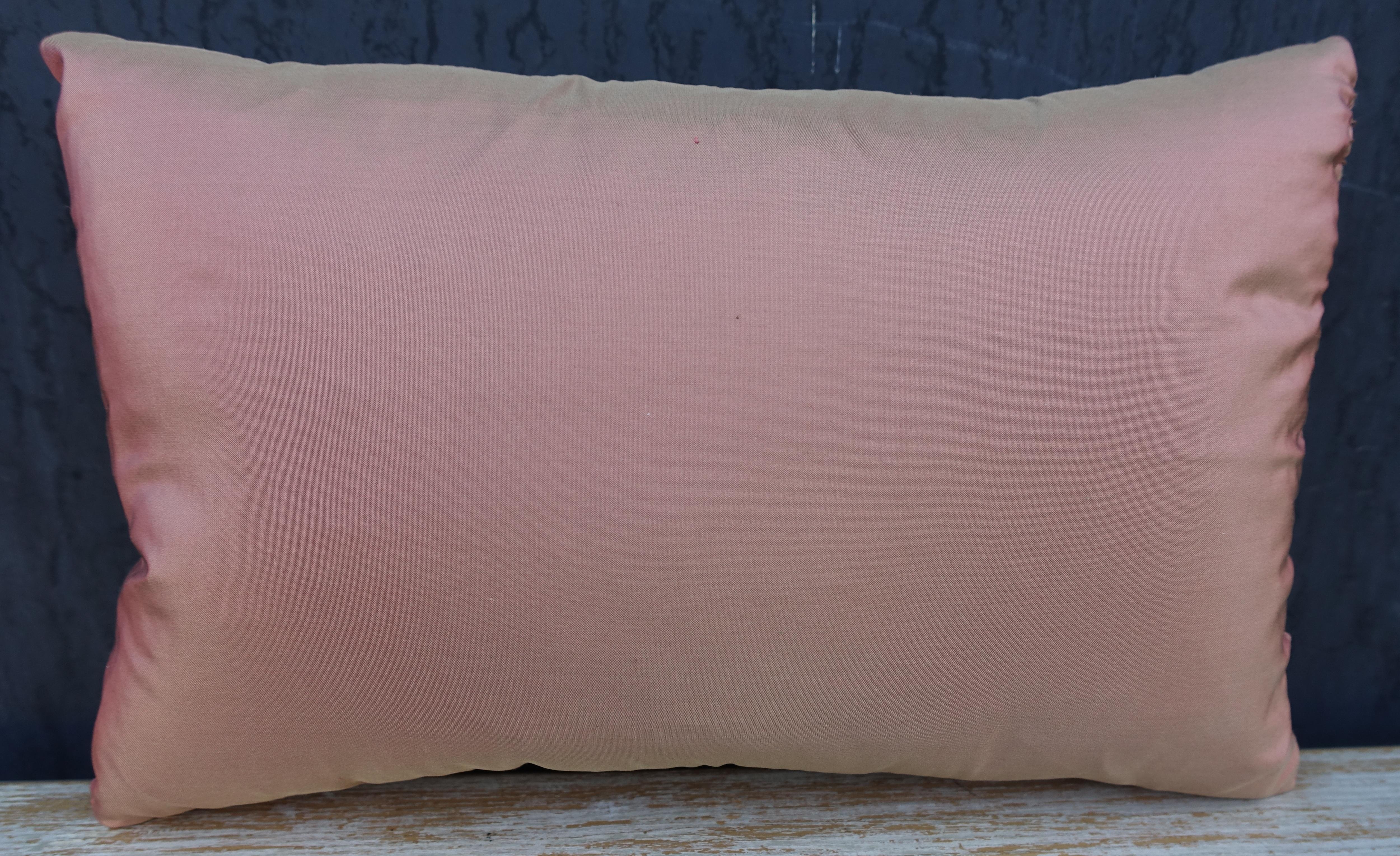 Custom pillow made with blush and silvery gold Fortuny front with heart pattern. Blush colored silk taffeta coordinates perfectly for the backs. Down insert, sewn closed.