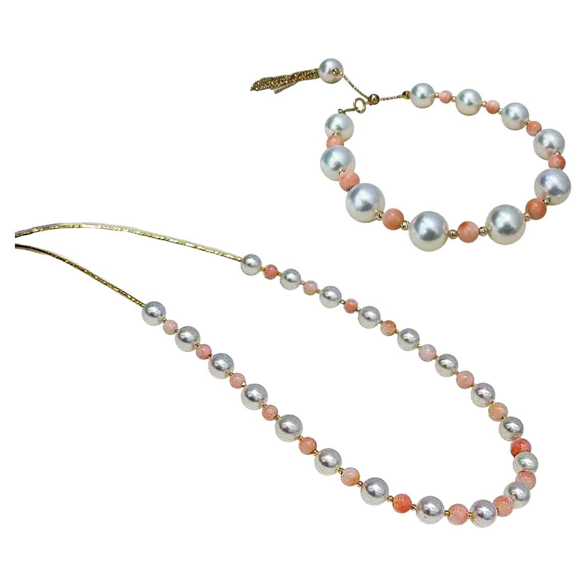 Blush Harmony — Akoya Pearl & Coral Necklace and Bracelet Set