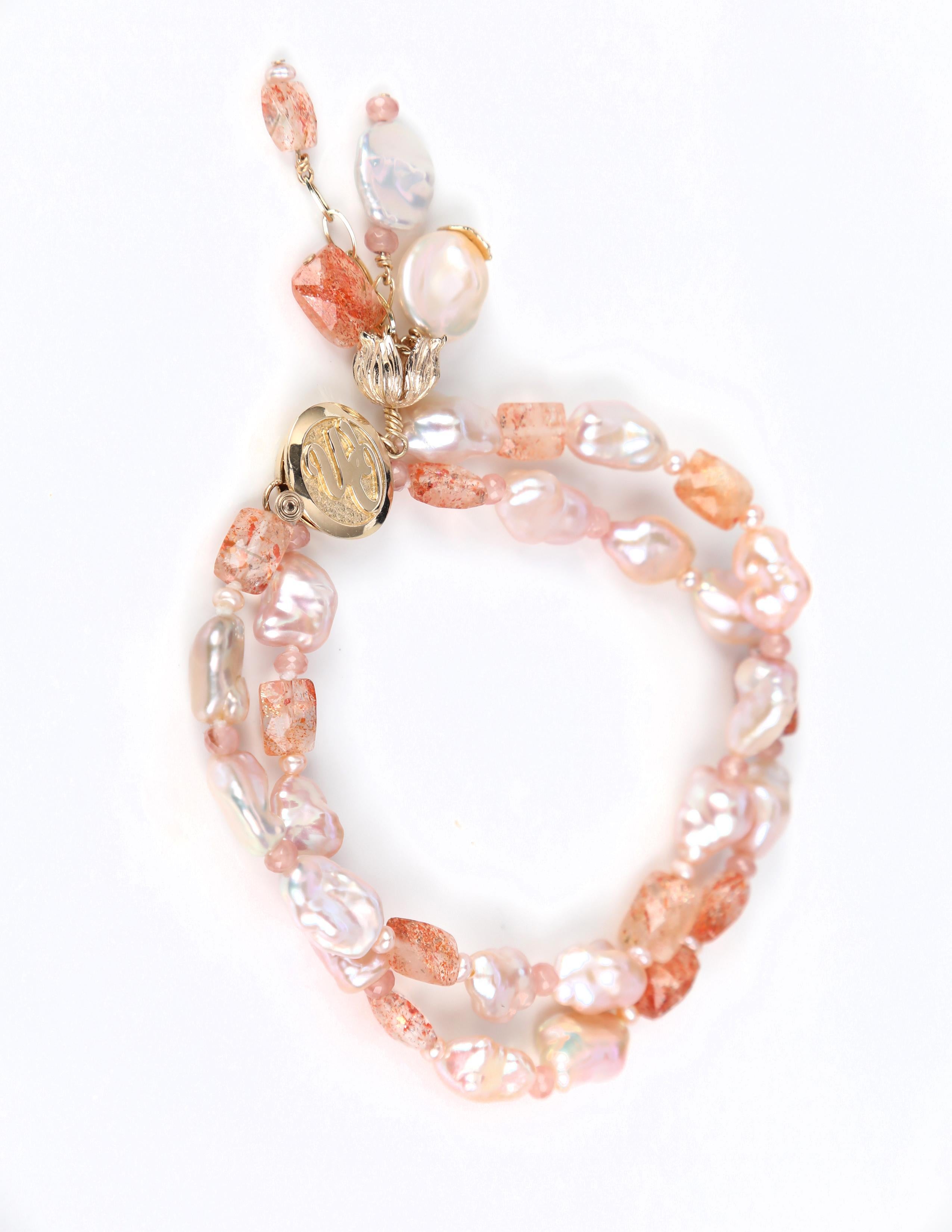 Contemporary Pearl, Rhodochrosite, Sunstone, and Gold Bracelet For Sale