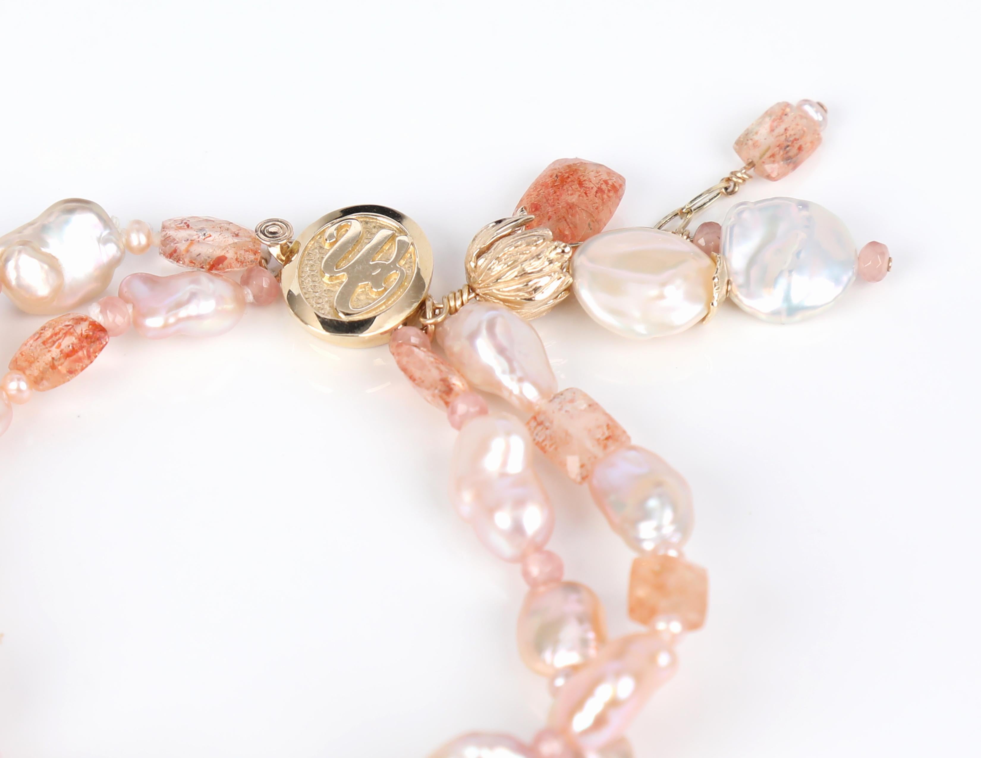 Pearl, Rhodochrosite, Sunstone, and Gold Bracelet In New Condition For Sale In Athens, GA