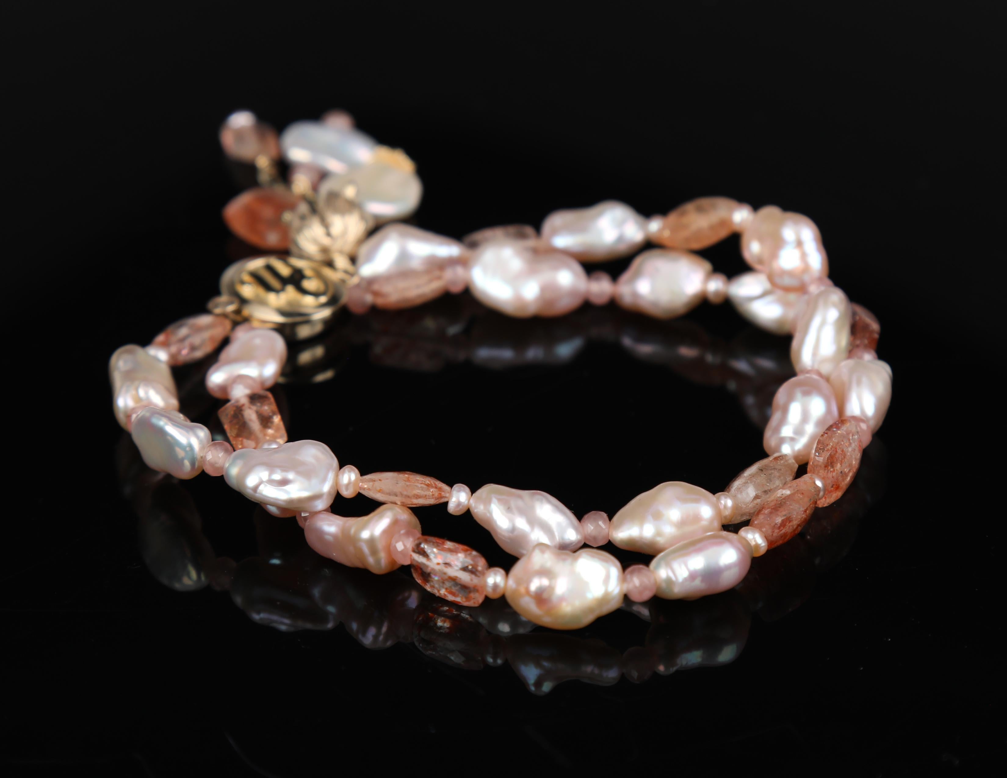Women's or Men's Pearl, Rhodochrosite, Sunstone, and Gold Bracelet For Sale
