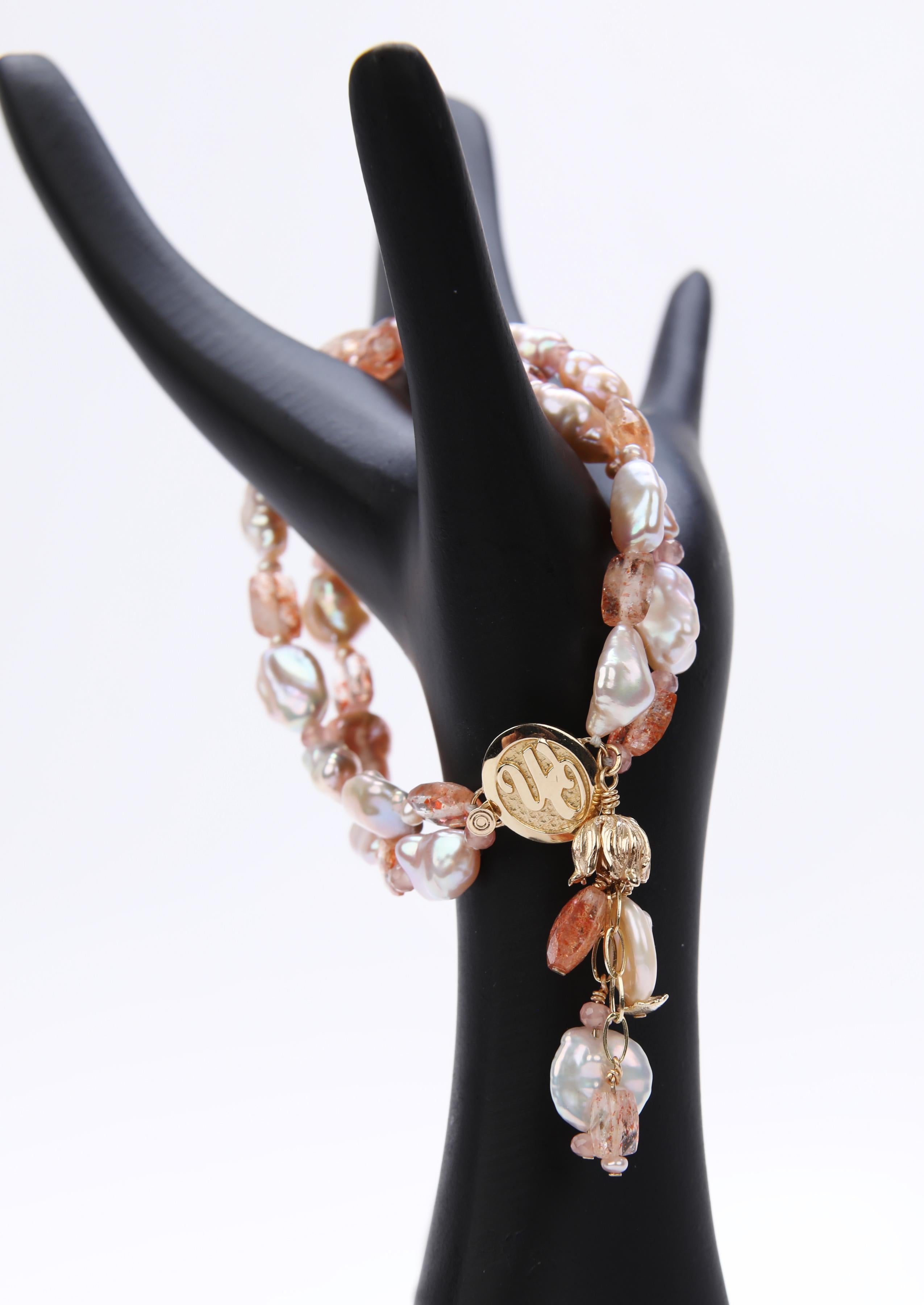 Pearl, Rhodochrosite, Sunstone, and Gold Bracelet For Sale 2