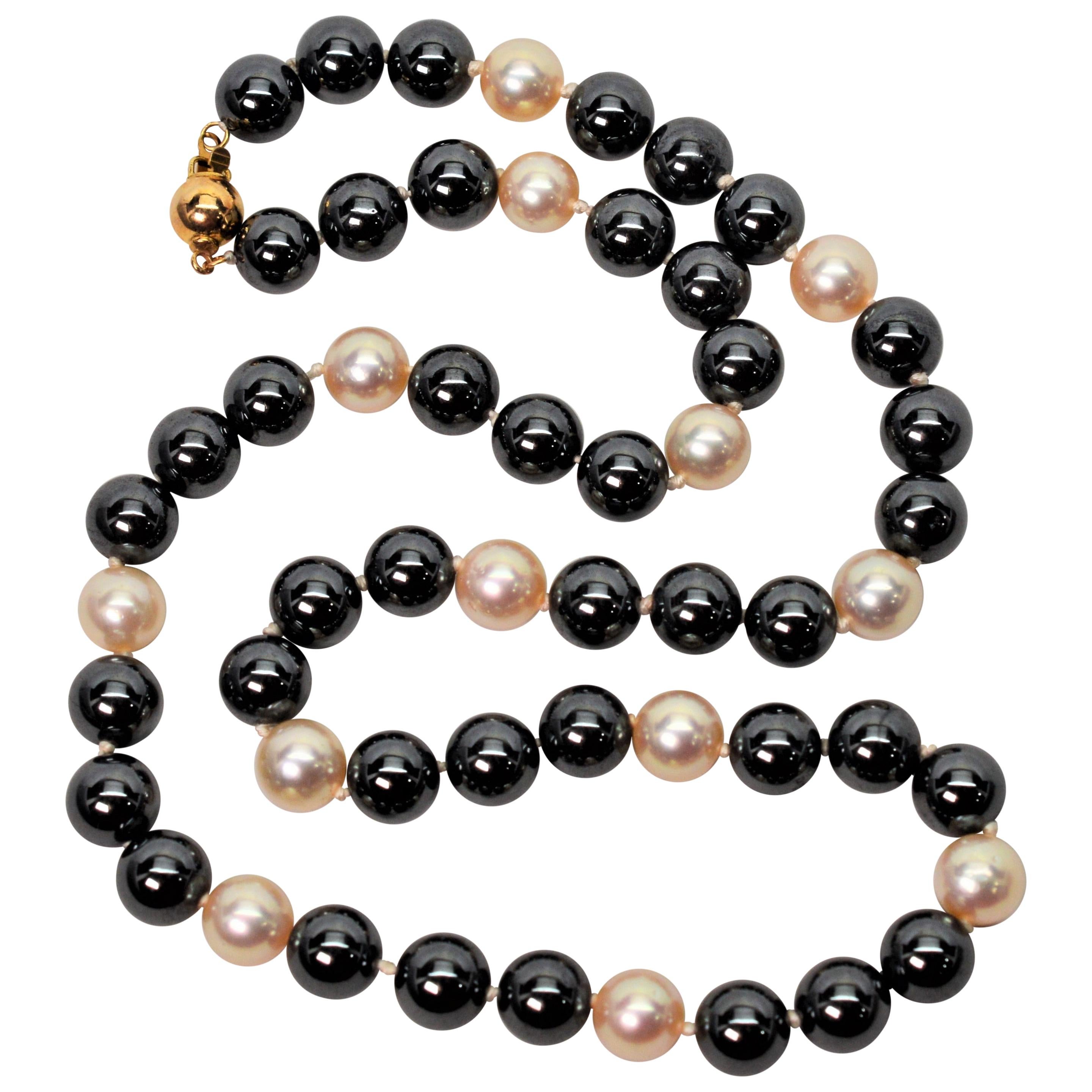 Blush Pink Pearl w  Hematite Beaded Necklace For Sale