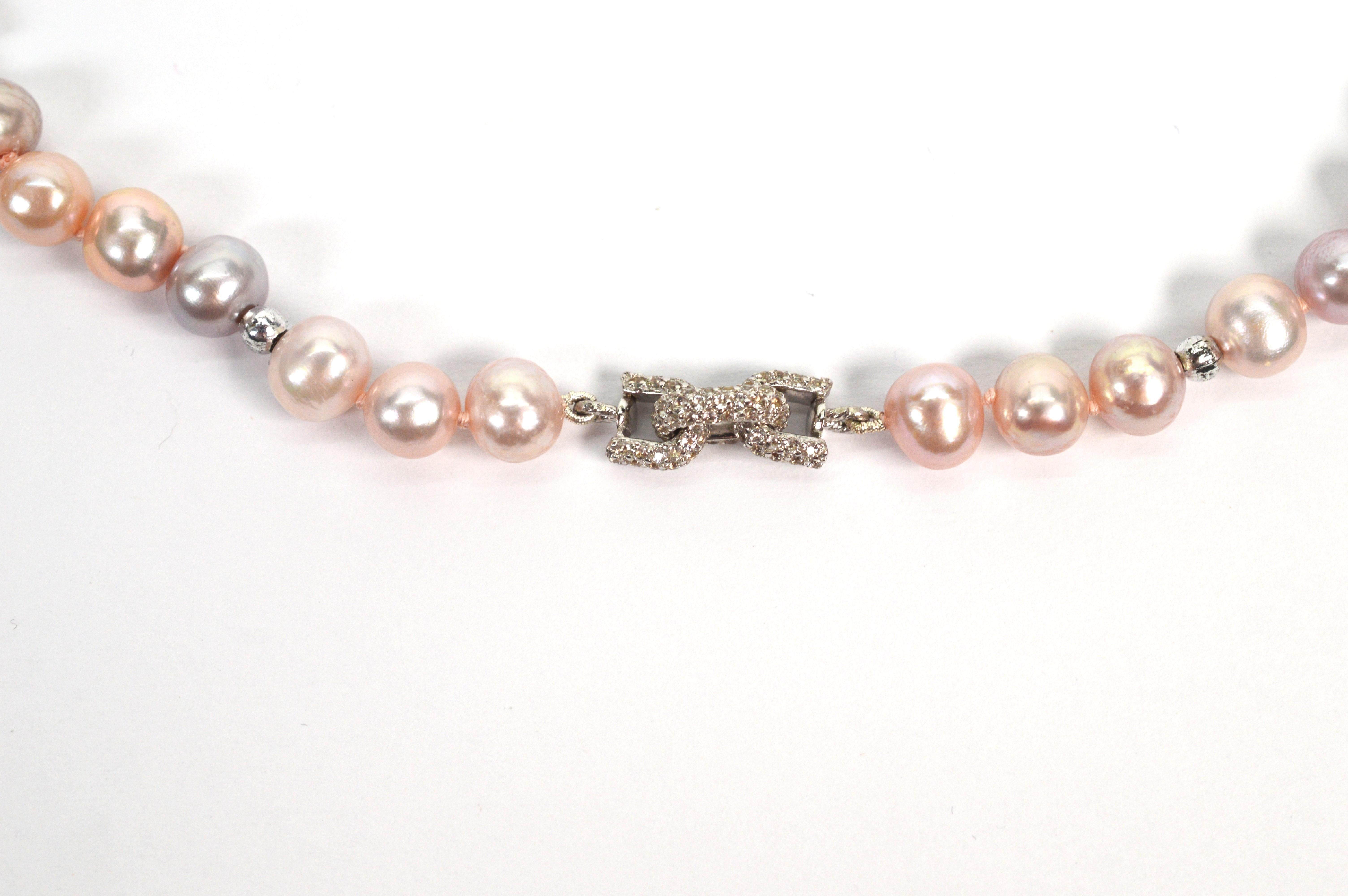 Round Cut Blush Pearl Necklace w White Sapphire Sterling Bow Link Stations For Sale