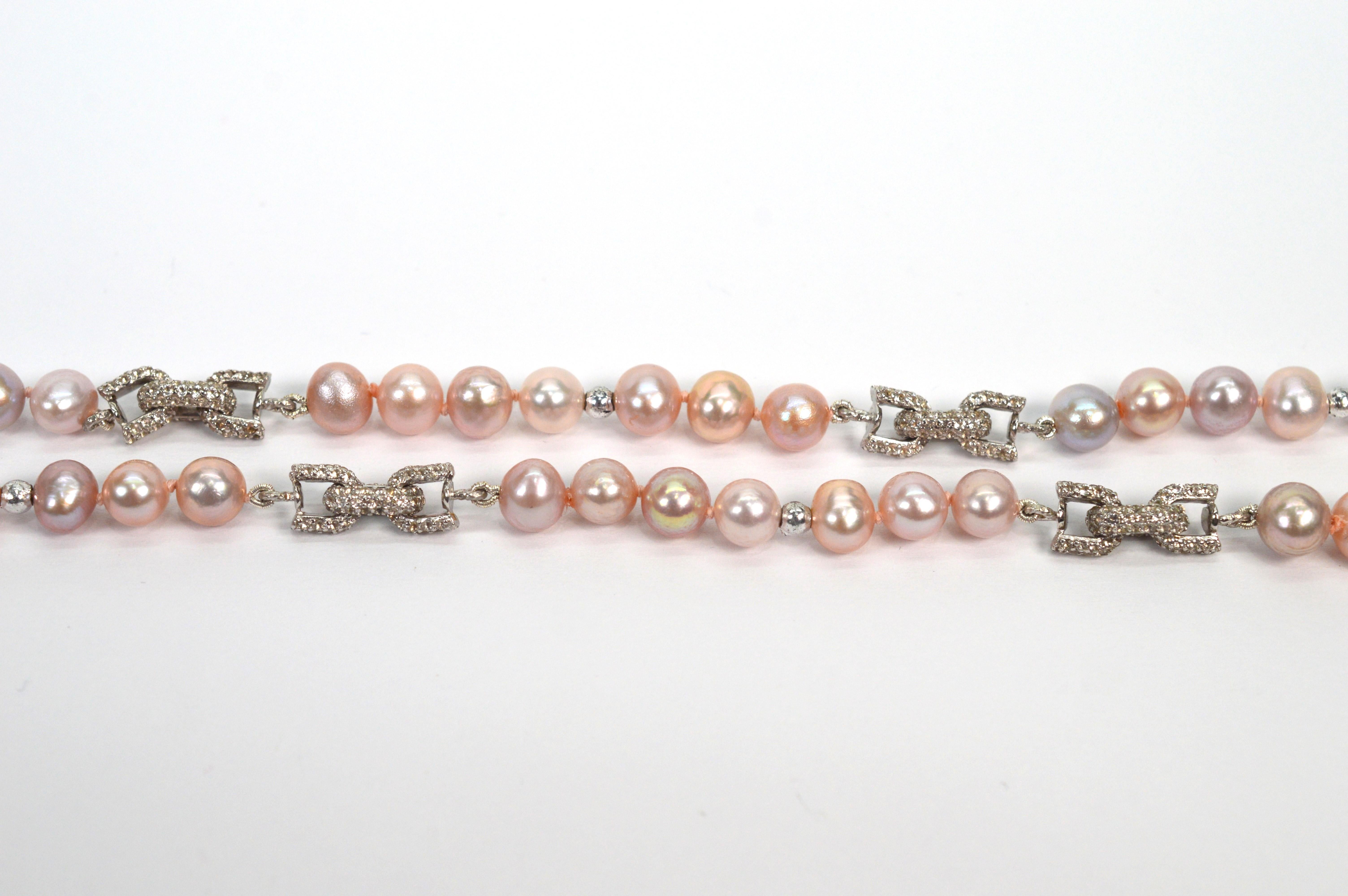 Women's Blush Pearl Necklace w White Sapphire Sterling Bow Link Stations For Sale
