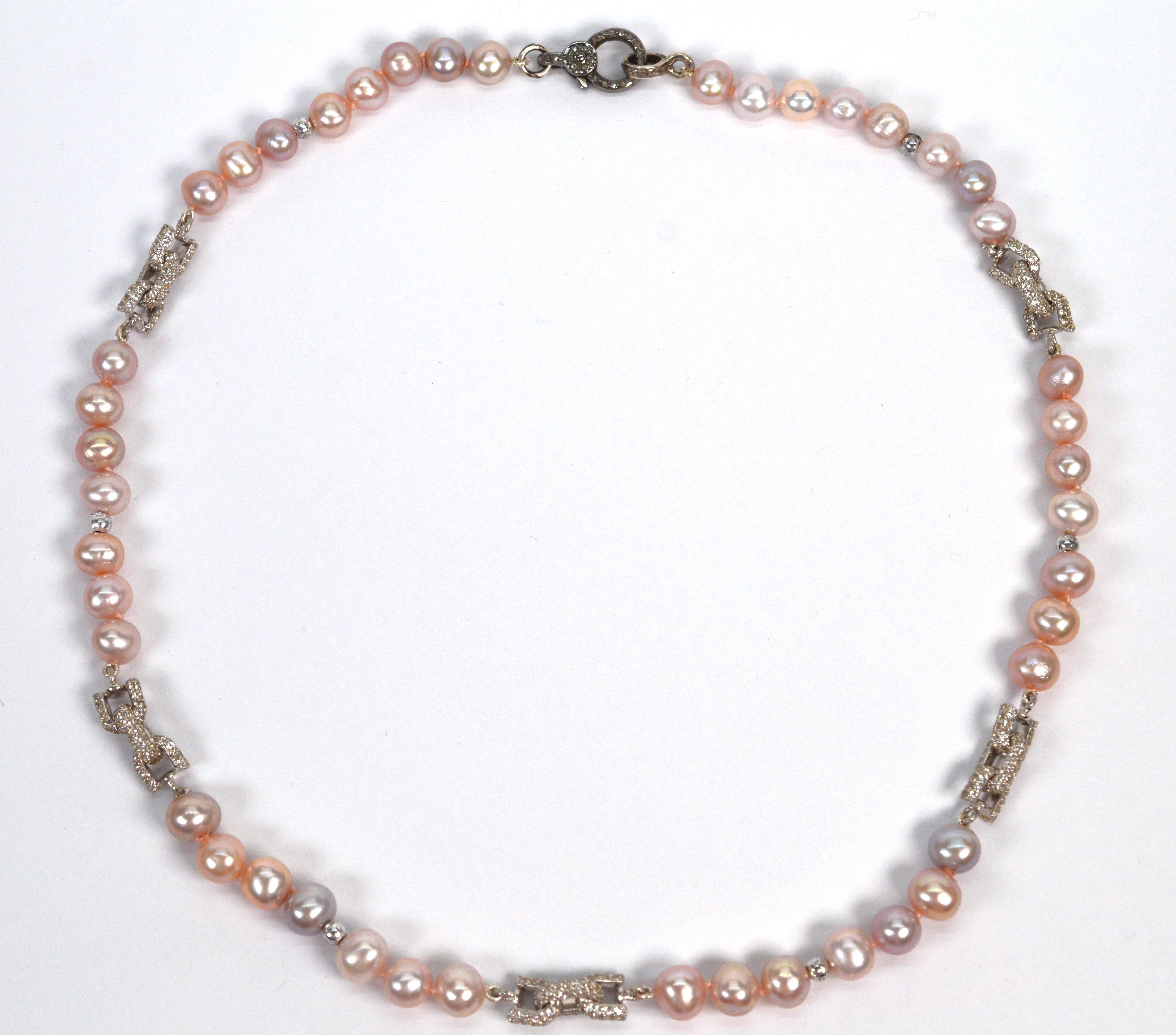 Blush Pearl Necklace w White Sapphire Sterling Bow Link Stations For Sale 1