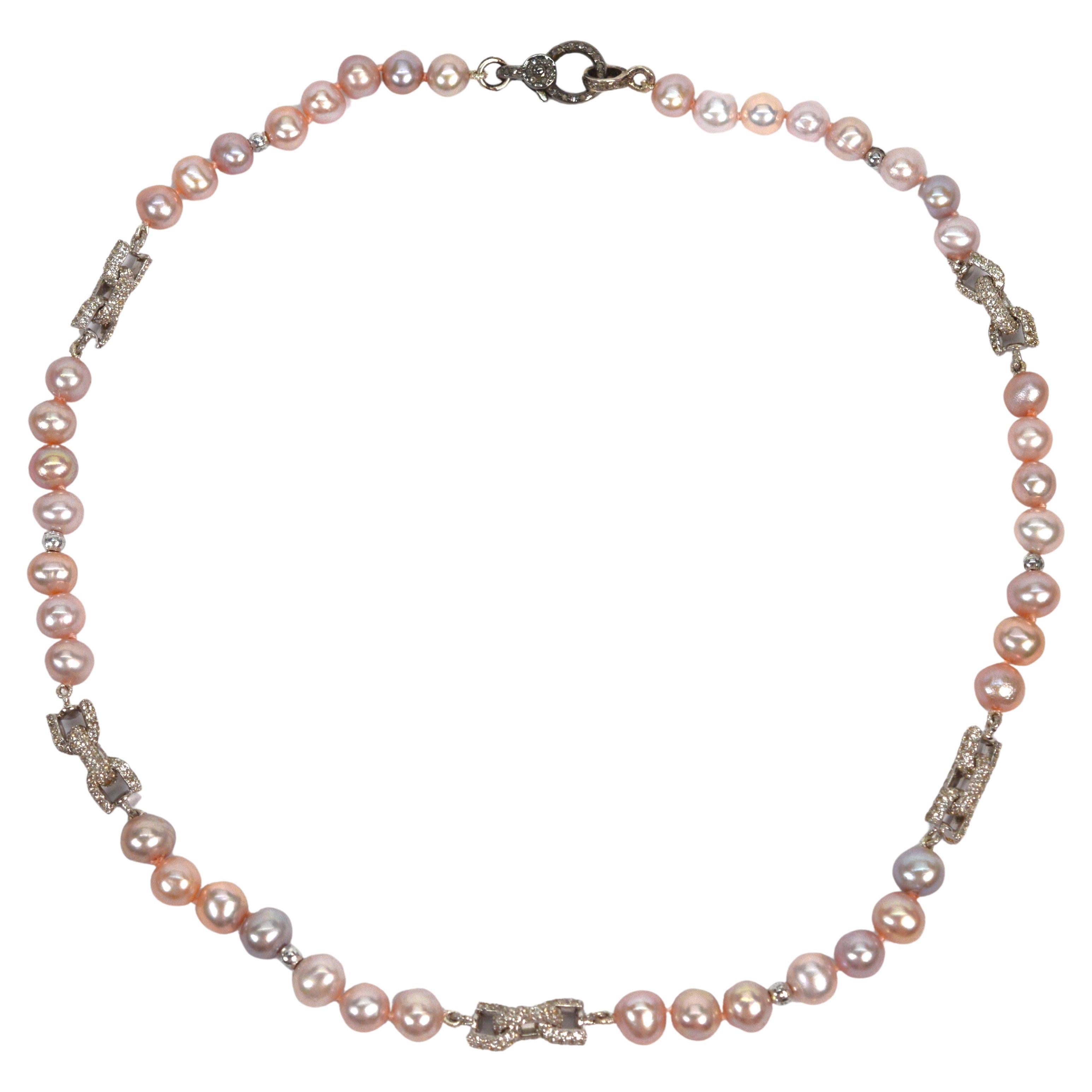 Blush Pearl Necklace w White Sapphire Sterling Bow Link Stations For Sale