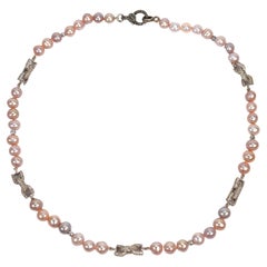 Blush Pearl Necklace w White Sapphire Sterling Bow Link Stations