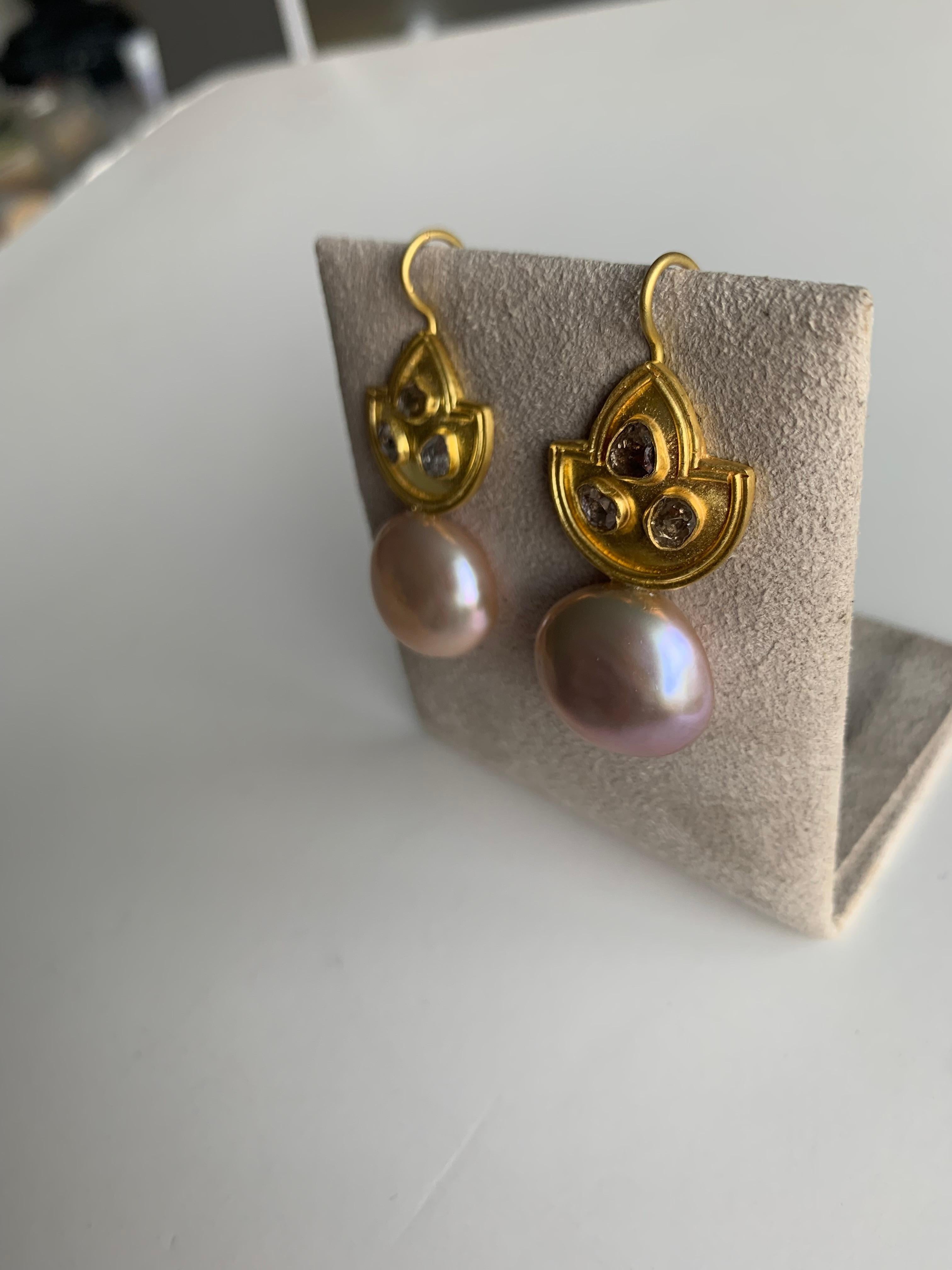 Artist Blush Pearls and Rose Cut Diamond Earrings in 22Karat Gold For Sale
