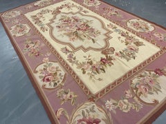 Blush Pink Aubusson Rug Traditional Carpet Handwoven Wool Needlepoint Floral