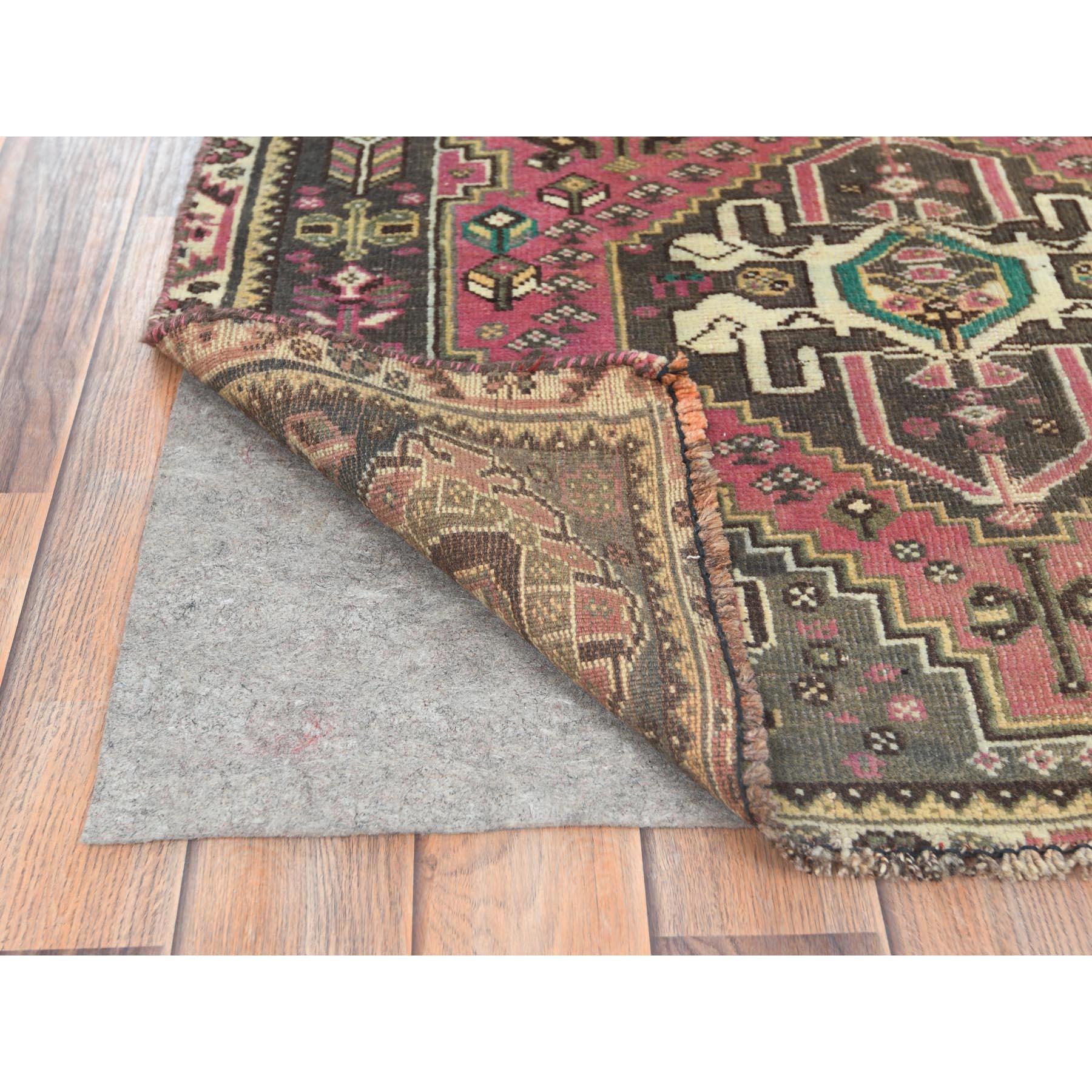 Medieval Blush Pink Bohemian Old Persian Shiraz Sheared Low Worn Wool Hand Knotted Rug
