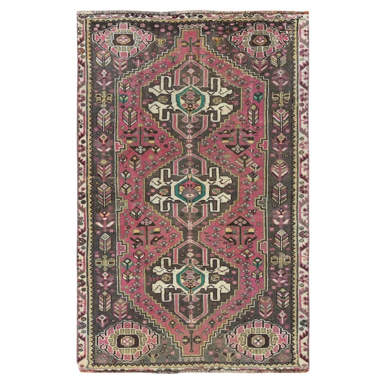 Blush Pink Bohemian Old Persian Shiraz Sheared Low Worn Wool Hand