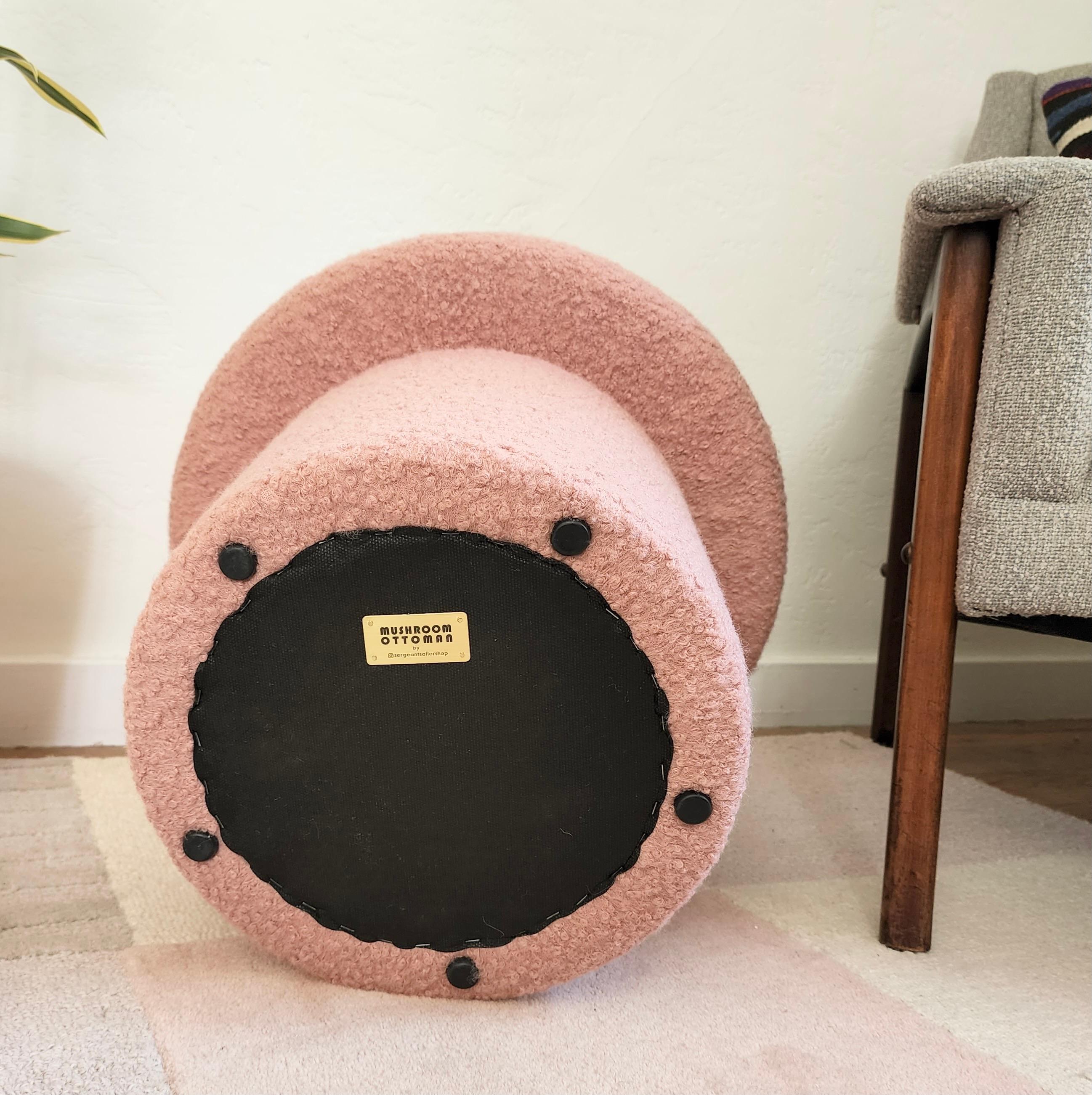 Mushroom Ottoman in Blush Pink Boucle In New Condition In Vallejo, CA