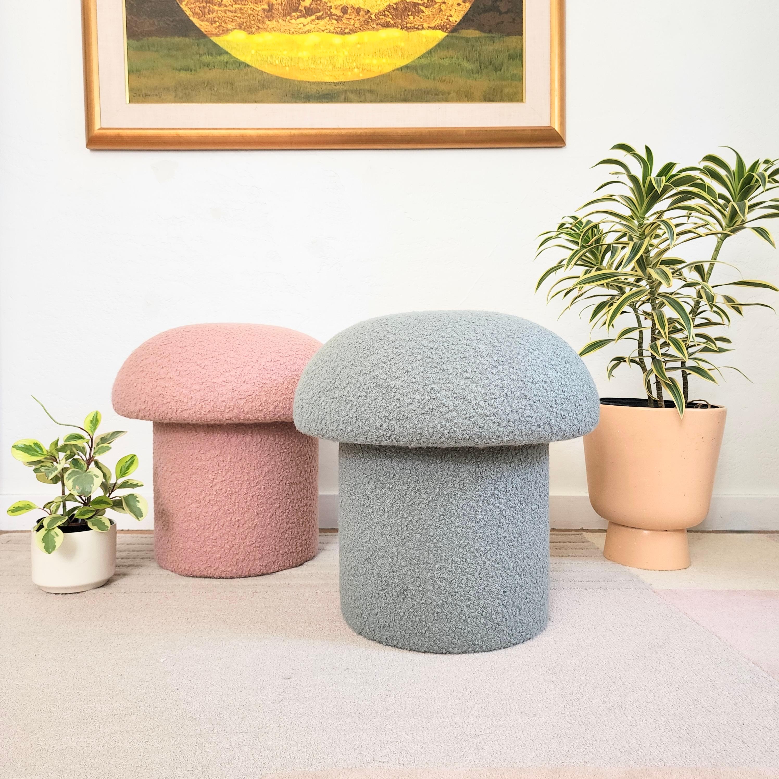Contemporary Mushroom Ottoman in Blush Pink Boucle