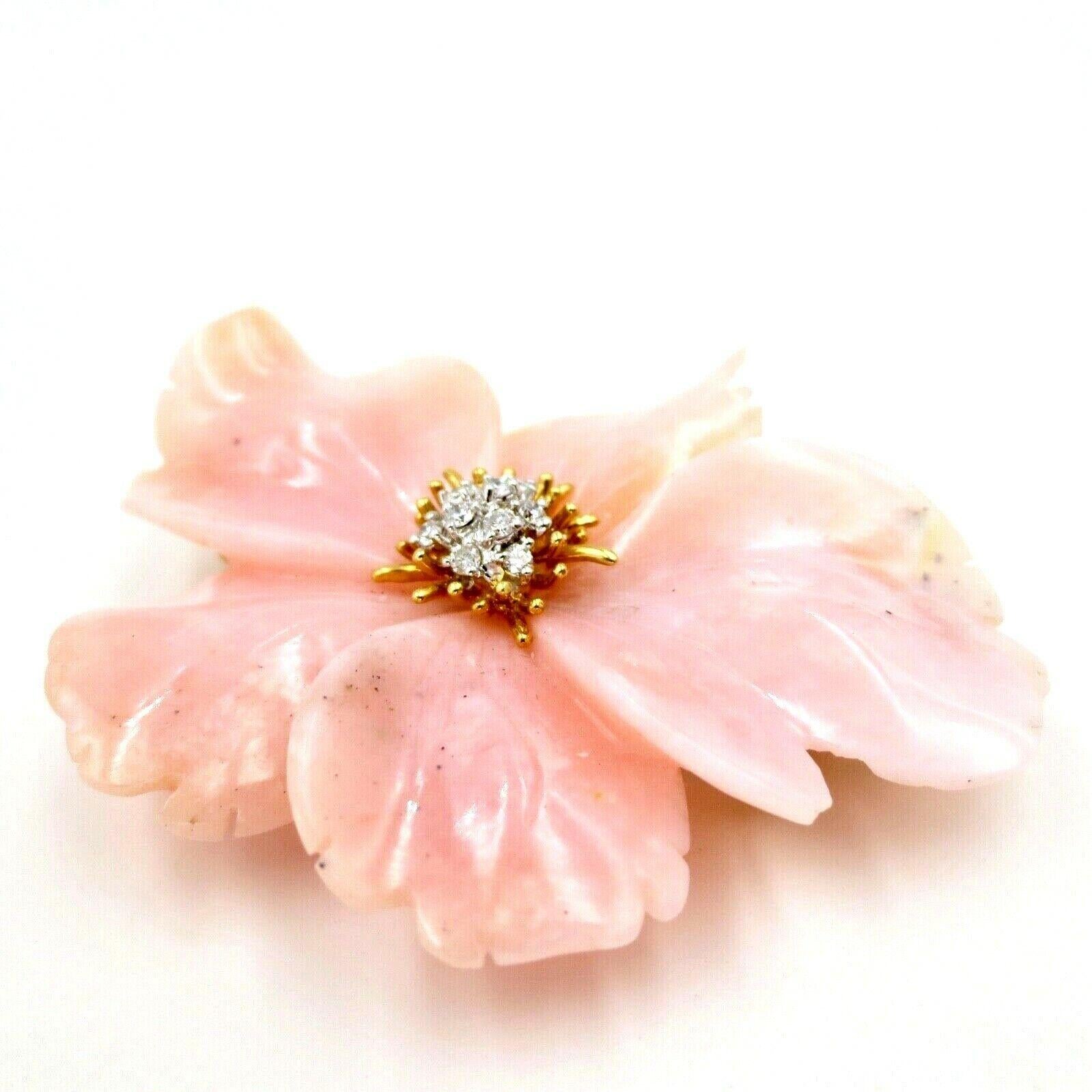 Round Cut Blush Pink Coral and Diamond Flower Brooch For Sale