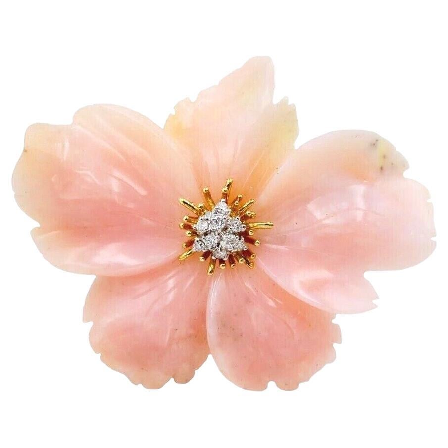 Blush Pink Coral and Diamond Flower Brooch For Sale