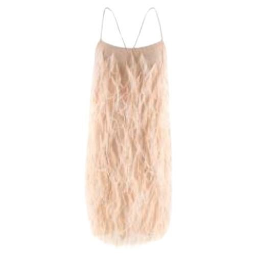 Blush pink feather trimmed lace mini dress For Sale